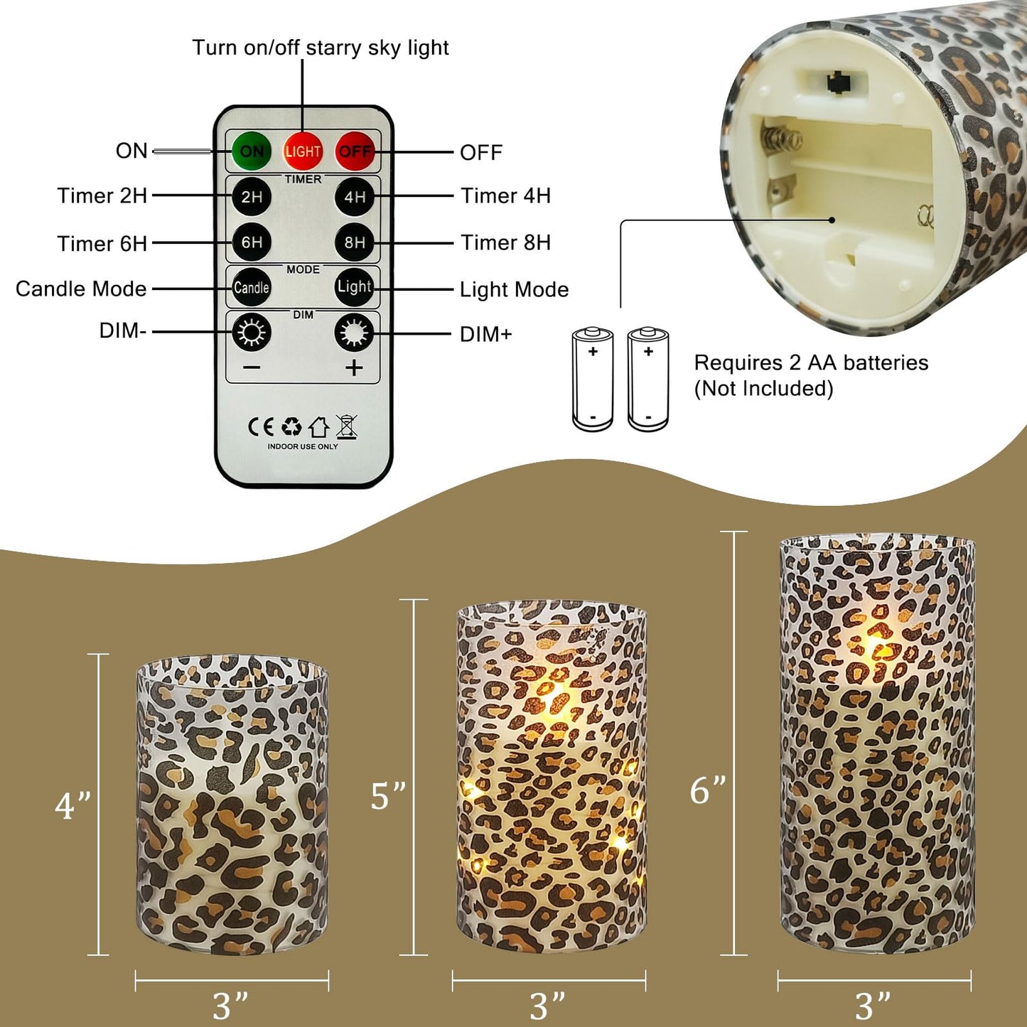 NjaoHoo Flickering Flameless Candles, Recessed String Light LED Candles 3D Wick Acrylic Battery Operated LED Pillar Candles with Remote and Timer for Modern Simple Home Decor Set of 3(Leopard)