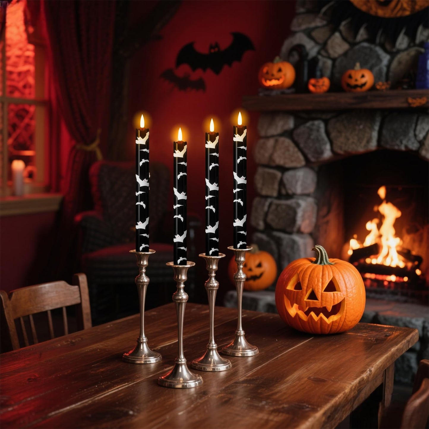 Eldnacele Flameless Flickering Taper Candles with Remote and Timer, Battery Operated Bats Decal Real Wax Black LED Window Candles Set of 4 Fireplace Spooky Halloween Holiday Decor