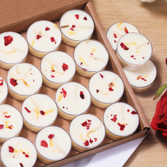 16Pcs Rose Scented Tealight Candles, Palm Wax White Tea Lights, 4h Long Burning Tea Light Candles with Dried Flowers for Holiday, Wedding, Spa, and Home Decoration