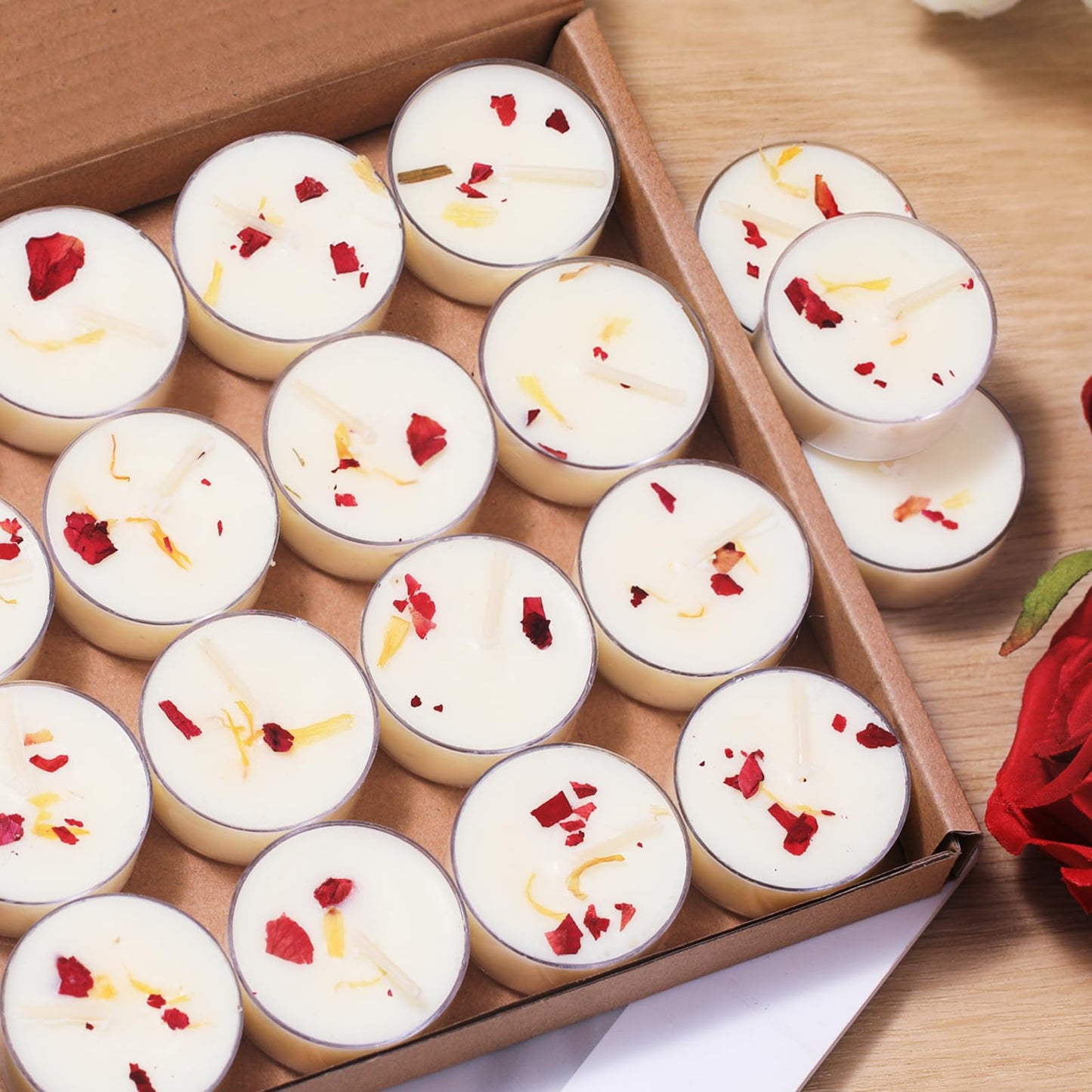 48Pcs Rose Scented Tealight Candles, Palm Wax White Tea Lights, 4h Long Burning Tea Light Candles with Dried Flowers for Holiday, Wedding, Spa, and Home Decoration