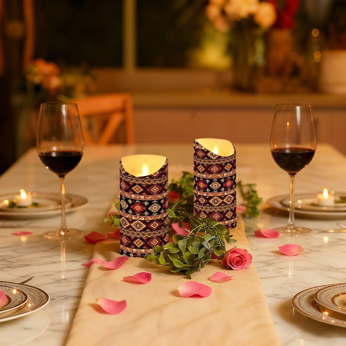 Gravopti Tribal Stripe 2 Pack Flameless LED Pillar Candles with Remote & Timer, Battery Operated, Flickering Wax Candle for Wedding, Romantic Home & Party Decor