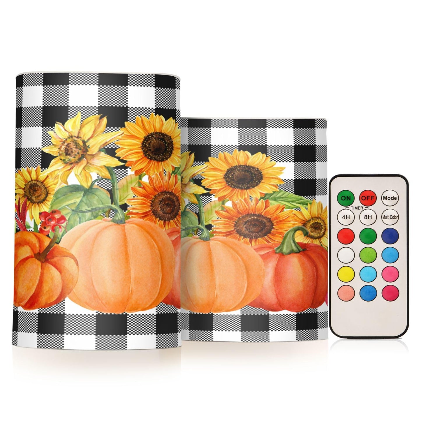 Eionryn Autumn Pumpkins Fall Sunflower Flameless Candles Black and White Buffalo Plaid Battery Operated LED Candles with Remote Timer Electric Candles for Home Party Decor 2pcs