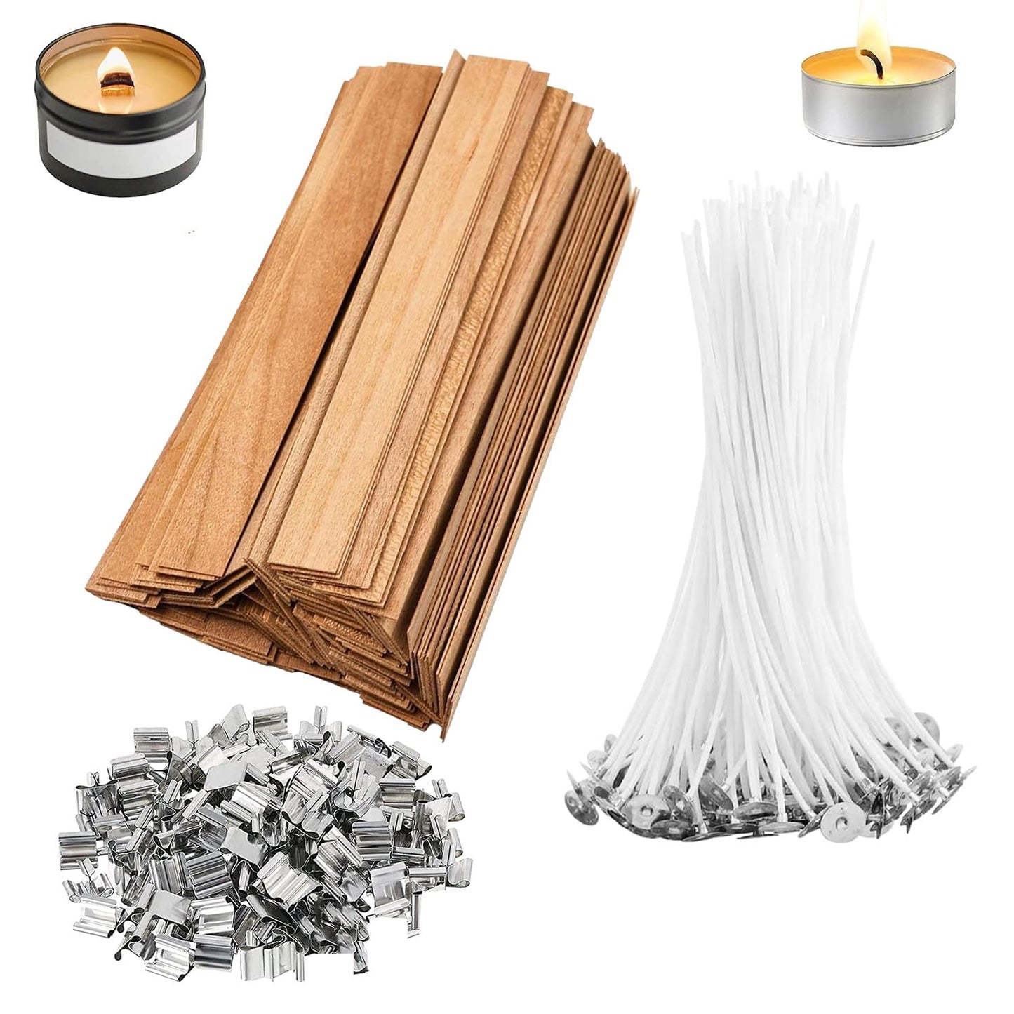 QPZ 100Pcs Cotton Candle Wicks 6" Pre-Waxed with Tabs,50Pcs Wooden Candle Wicks Smokeless,Wood Candle Making Wicks 0.59*5.9 Inch with 50Pcs Wick Clips Holders Metal Based for Candle DIY,Candle Making