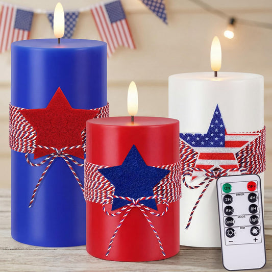4th of July 4" 5" 6" Flameless Pillar Candles with Remote, Set of 3 Patriotic Red White Blue Battery Operated LED Candle with Star Felt, Independence Day Decorations for Home Party Table Fireplace