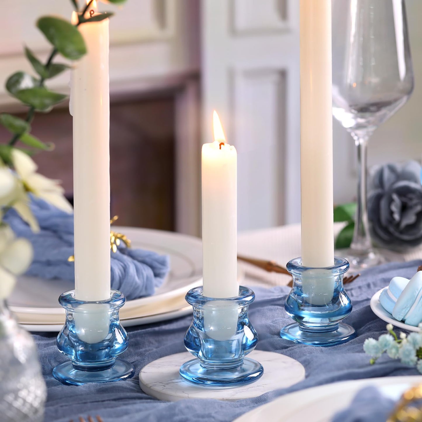 NITIME 12pcs Blue Candlestick Holders, Blue Glass Candle Holders for Pillar Candles, Taper Candle and Tealight Candles, Taper Candle Holders for Wedding, Table Centerpiece