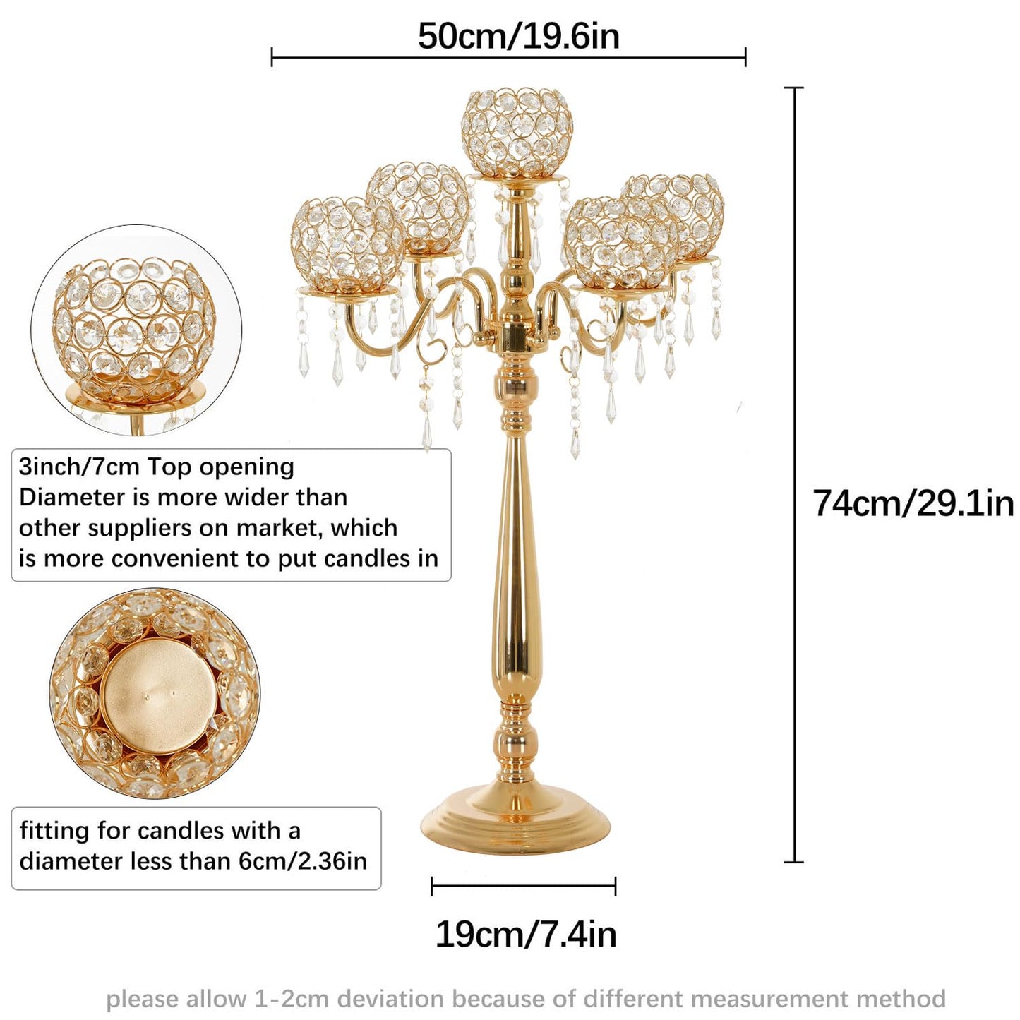 4 Packs 5 Arms Crystal Candelabra for Wedding Centerpiece, Gold Floor Candle Holder Set with Chandelier Crystal Beaded Anniversary Dinner Party Table Decor candelabros de mesa Elegantes Palace Themed