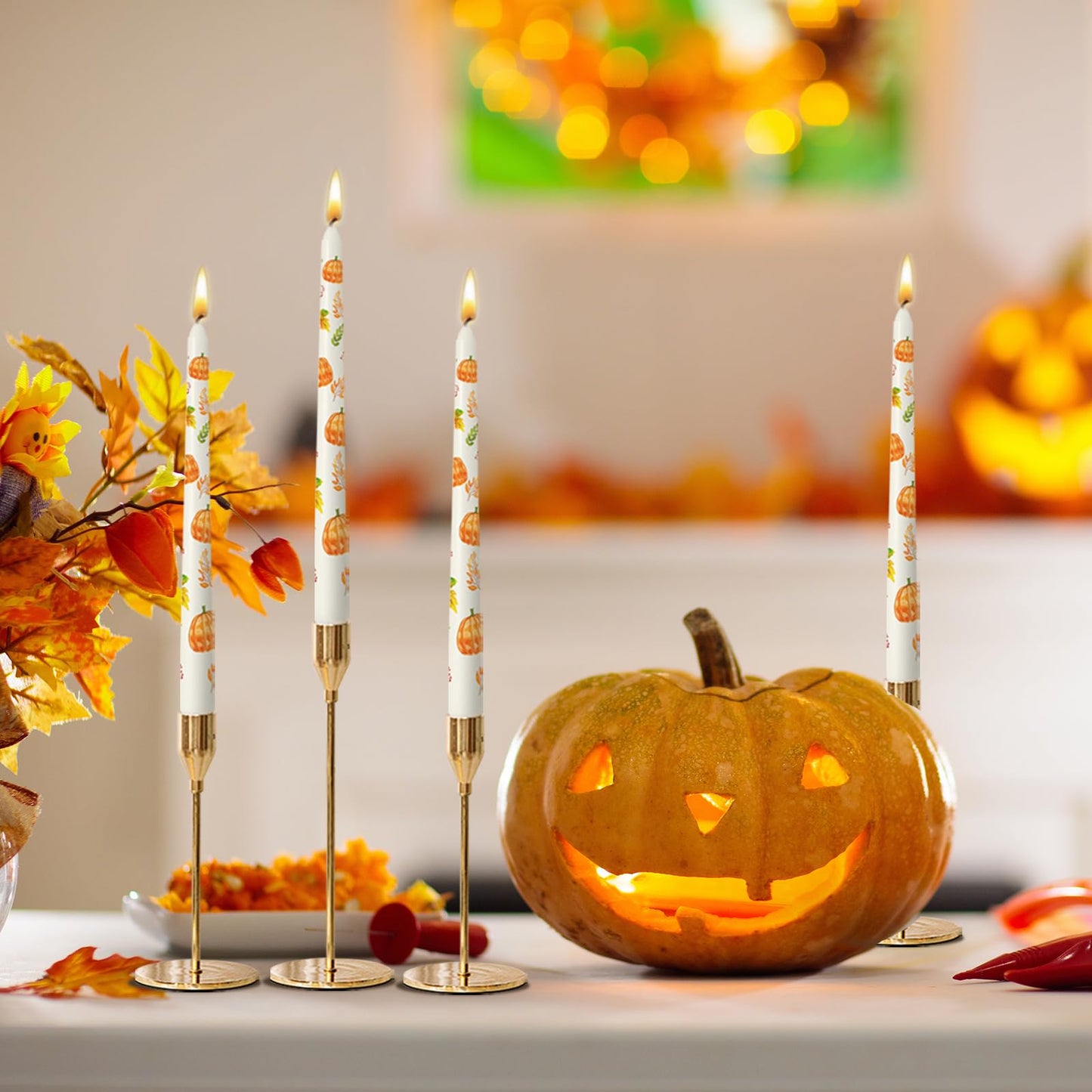 6 Pack Printed Taper Candle Set for Fall Home Decoration, 10 Inch Ivory Candlesticks with Pumpkin and Green Leaves Pattern for Dinner Holiday Seasonal Celebration, Dripless and Smokeless Candle