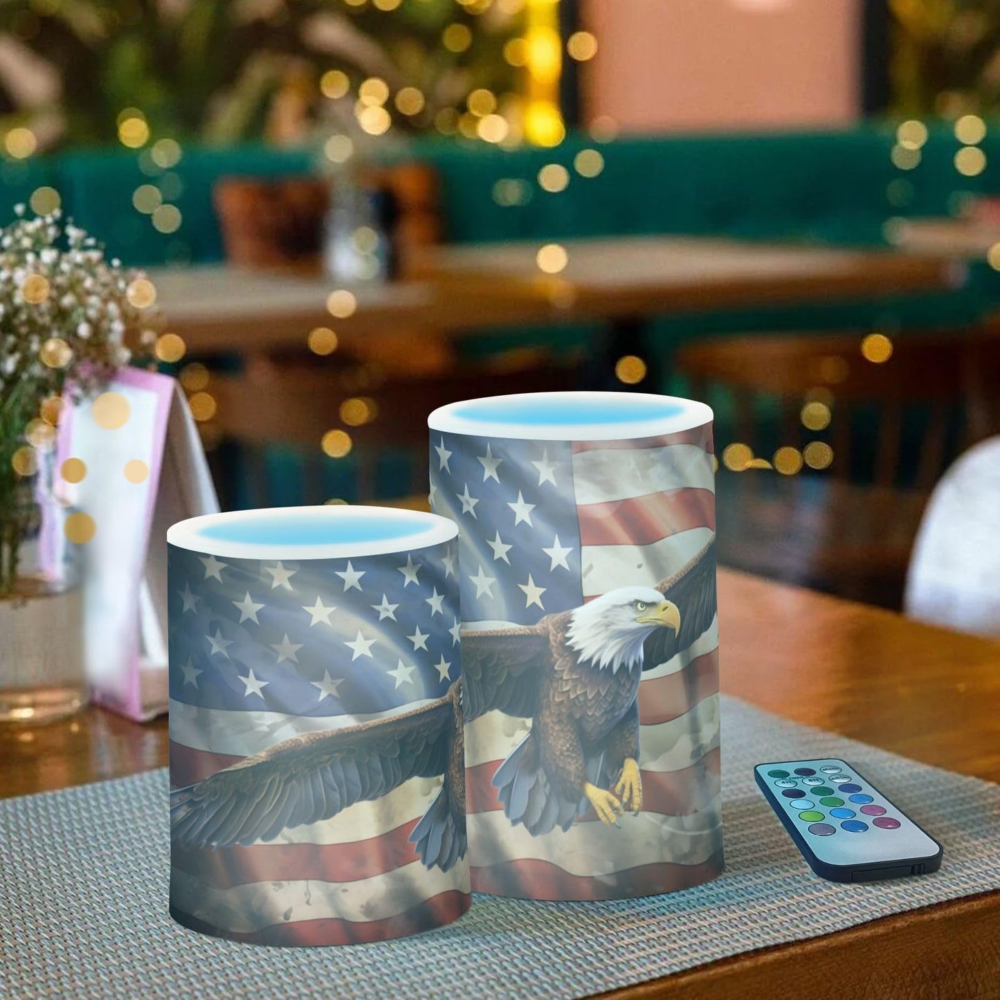 ALAZA Vintage Eagle USA Flag Flameless Candles, LED Pillar Candles with Remote Timer, Battery Operated Candles Set of 2