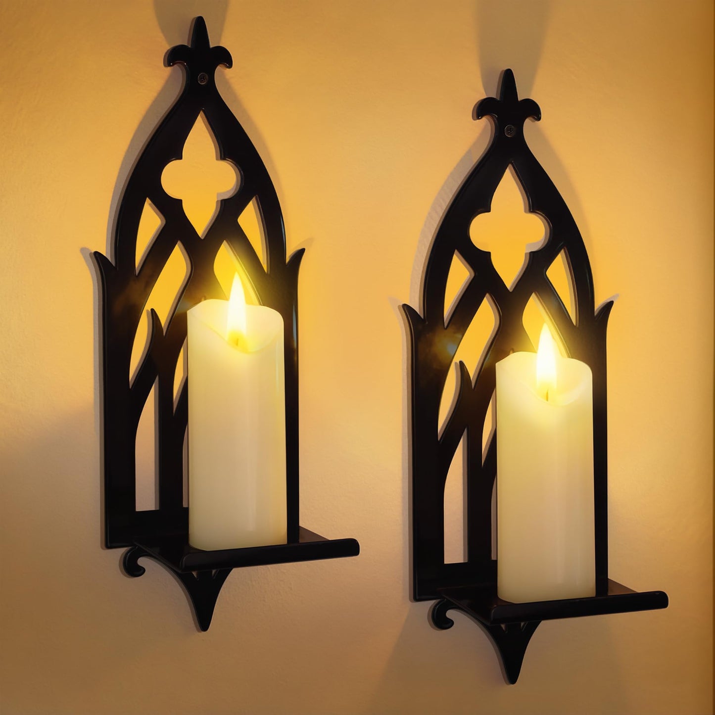 ZYIDBNG Wall Candle Sconces Set of 2, Victorian Gothic Metal Candle Holders for Pillar, Tealight, and LED Candles, Decorative Wall Decor for Living Room Dining Room (Black)