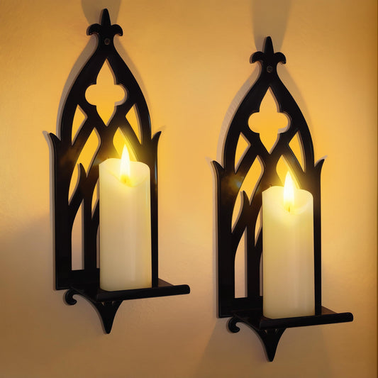 ZYIDBNG Wall Candle Sconces Set of 2, Victorian Gothic Metal Candle Holders for Pillar, Tealight, and LED Candles, Decorative Wall Decor for Living Room Dining Room (Black)
