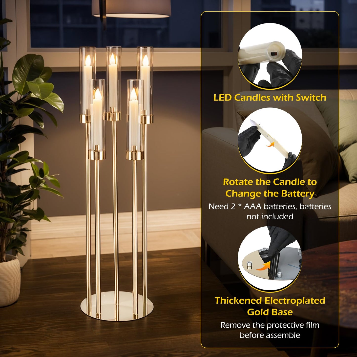 Dyna-Living Gold Candelabra 4 Set 34.6'' Tall Candelabras Centerpieces for Tables, 5 Arm Candle Holders Centerpiece with Acrylic Lampshade, Gold Candelabras Floor Stands for Wedding Party Home