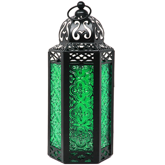 Vela Lanterns Decorative Indoor Candle Holder Table Centerpieces - Moroccan Hanging Outdoor Patio & Porch Home Decor, Turkish Lamp for Wedding, Ramadan, Halloween (Medium 10.5", Green Glass)