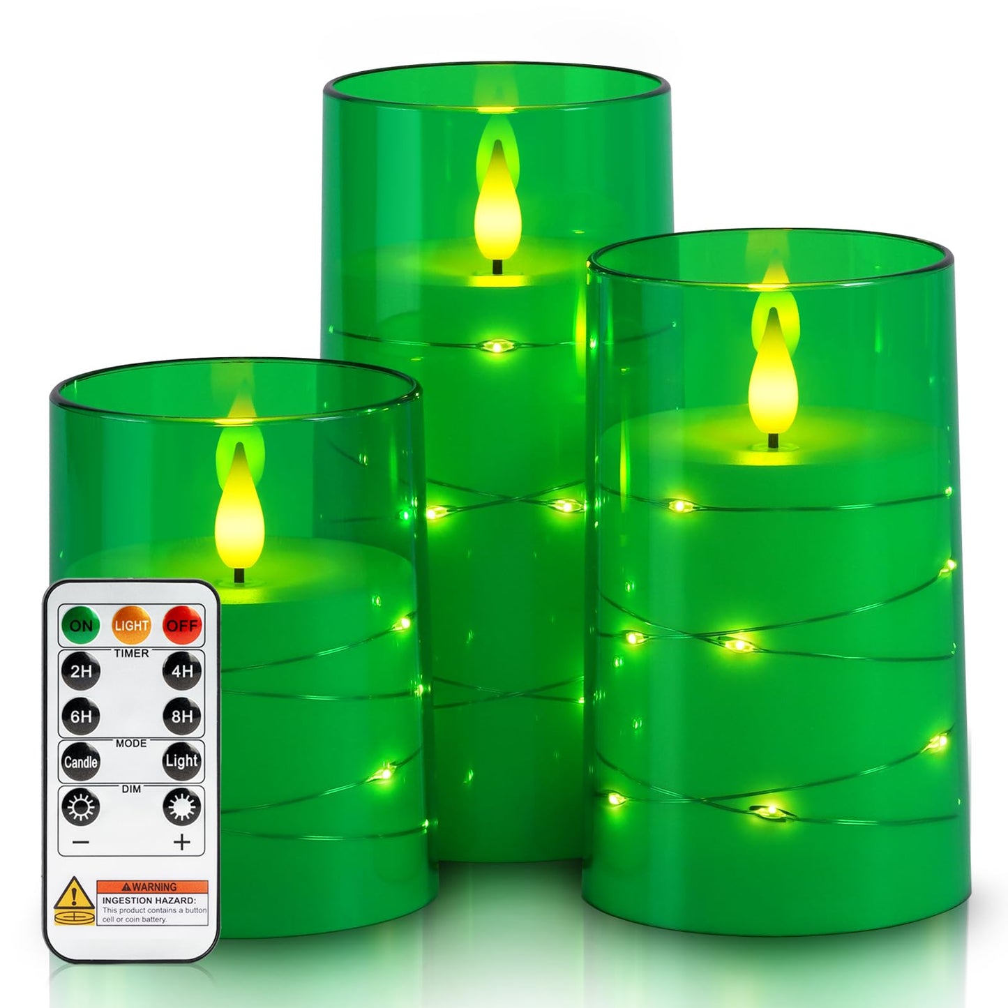 Homemory St. Patrick's Day Flameless Candles with Embedded Star String Fairy Lights, Green Battery Operated Candles, LED Candle, Fake Candles with Remote Control and Timer, Set of 3(H 4" 5" 6”)