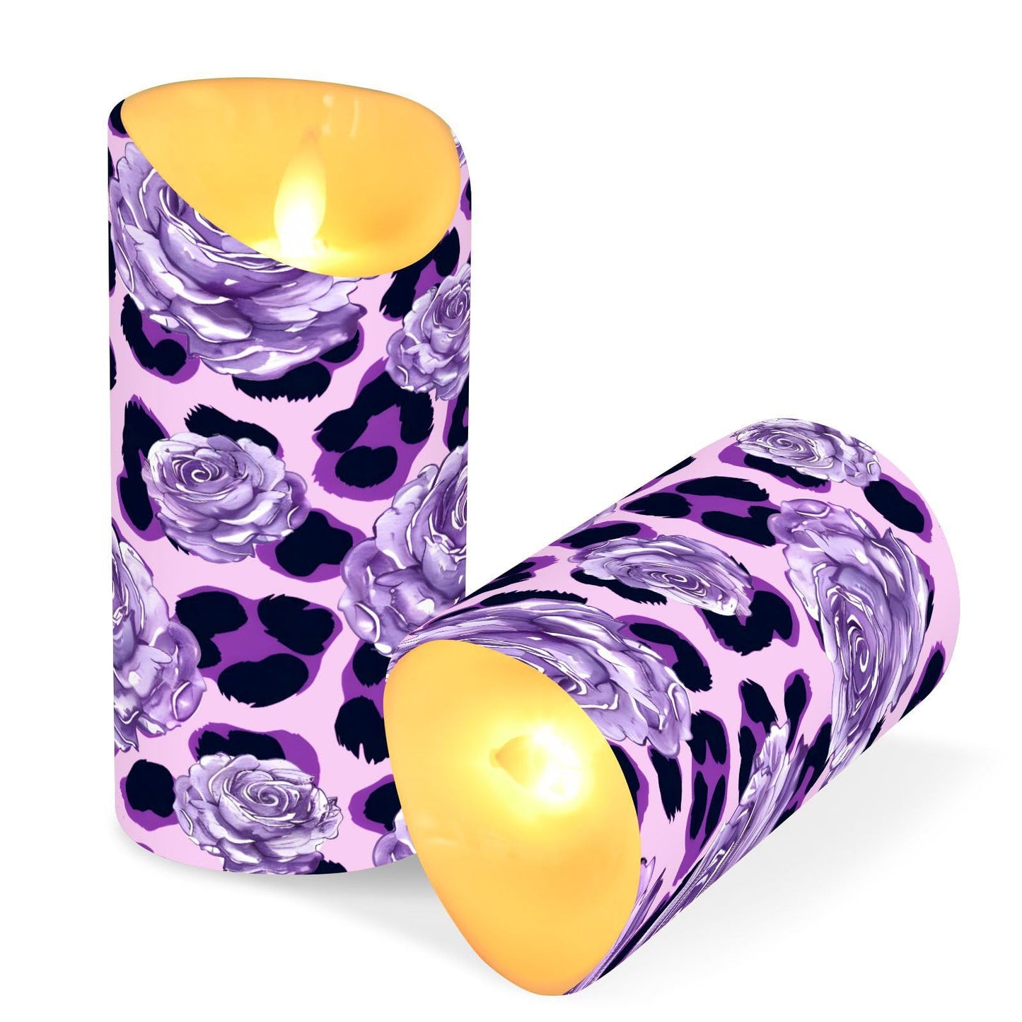 ALAZA Purple Leopard Print Rose Pattern Flickering Flameless Candles Battery Operated with Remote Timer,Tea Light Candles LED Pillar Votive Set of 2 for Outdoor Indoor Decorations 3" x3.9"