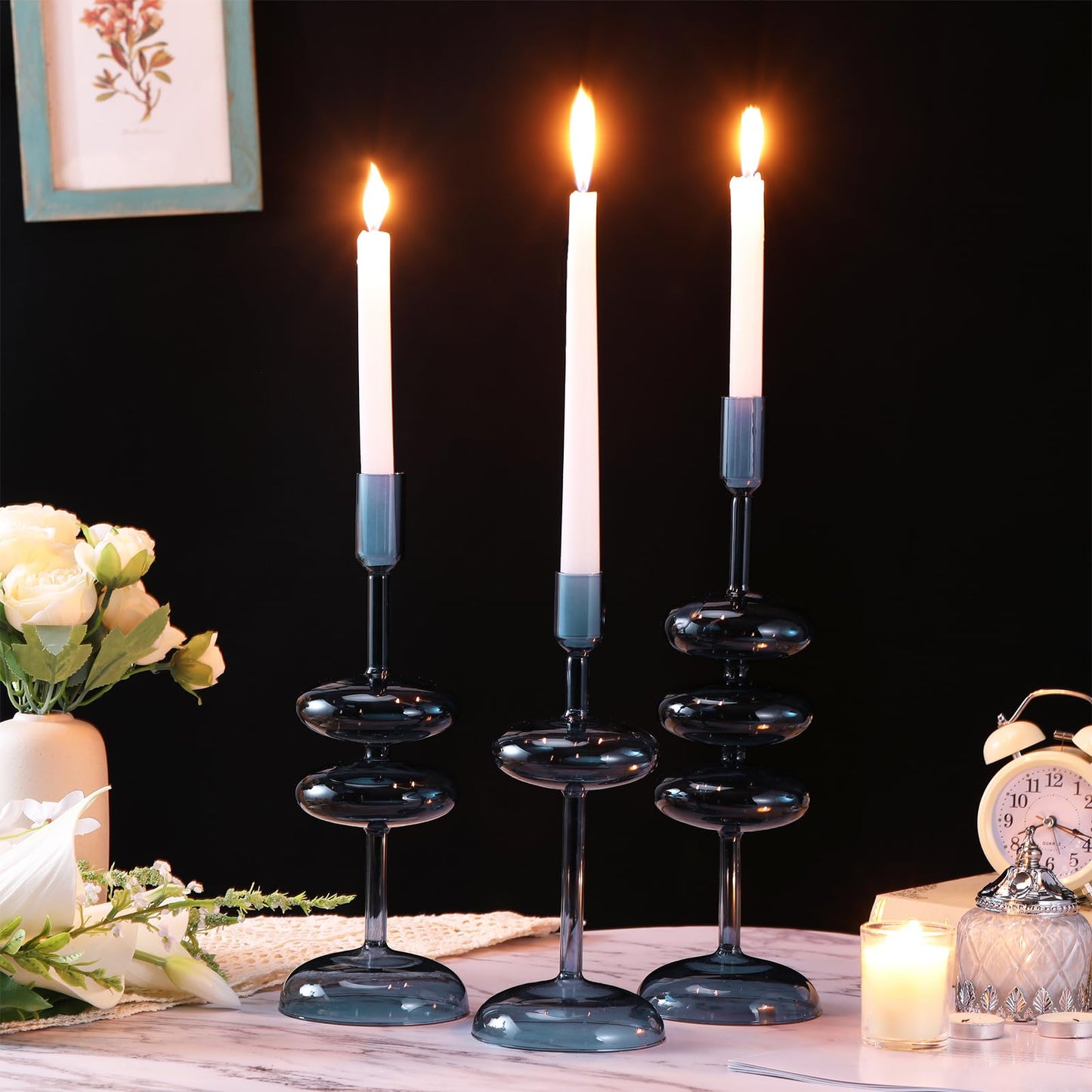 LemonRoad Glass Taper Candle Holders Set of 3, Bubble Candlestick Holders for Table Centerpiece, Elegant Wavy Stacked Geometric Candleholders for Wedding, Dinner, Party, Home Decor(Deep Blue)