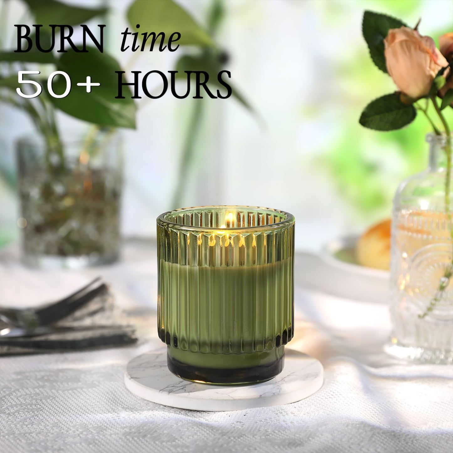 DEVI 7oz Empty Green Ribbed Glass Candle Jars - Set of 8, Glass Candle Containers with Bamboo Lids, Bulk Supplies for Gifts & Wedding Decorations