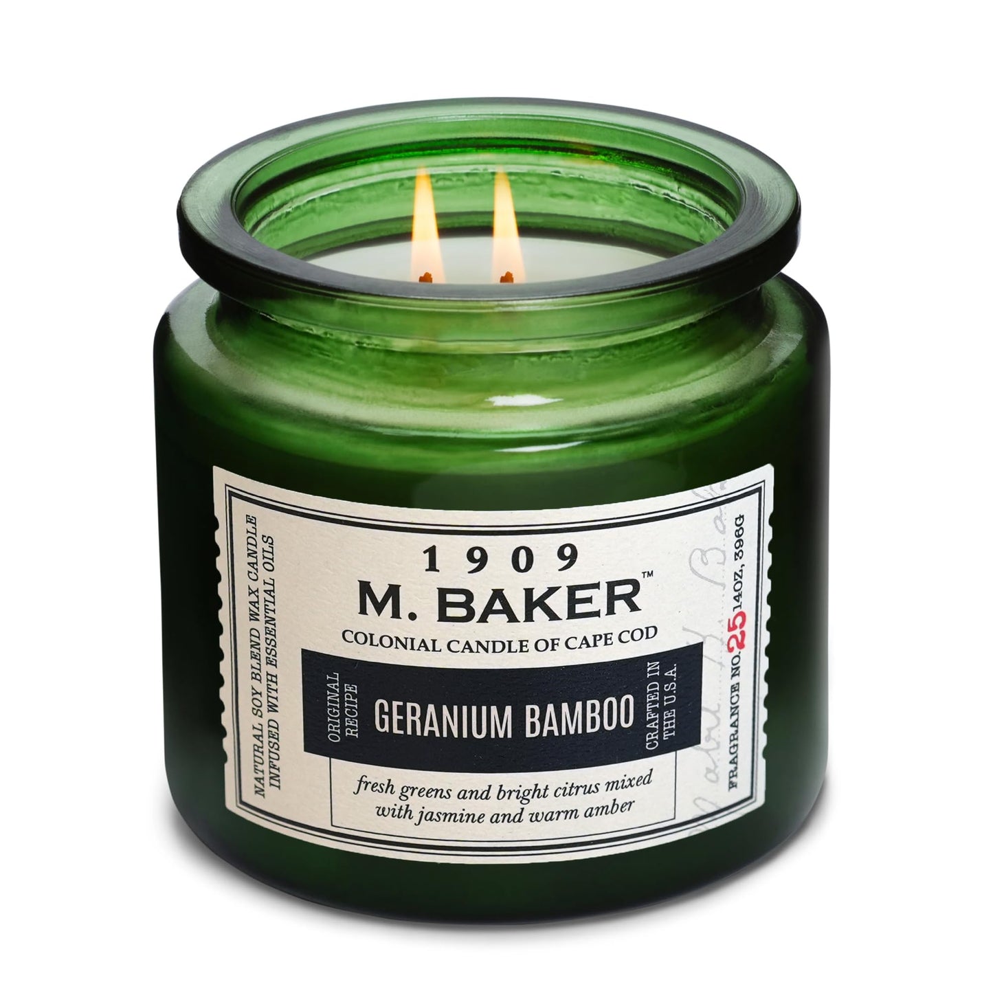 Colonial Candle Geranium Bamboo Scented Candle, 2-Wick Natural Soy Blend Wax Candle Infused with Essential Oils, 14 oz Apothecary Glass Jar Candle - Made in The USA