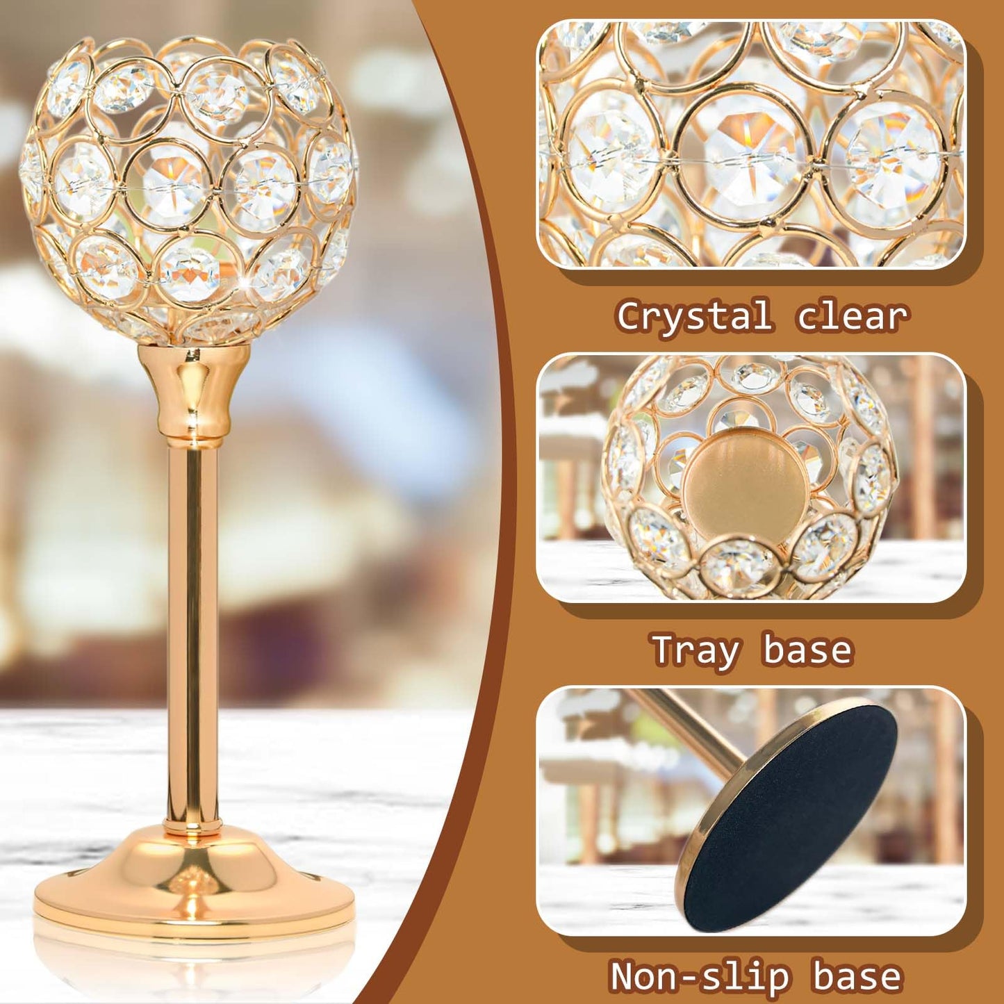 Kehail Crystal Metal Tealight Candlestick, Bling Bowl Candelabras, Tall Crystal Votive Candle Holders Elegant Crystal Candle Centerpiece for Dining Table Wedding Decor (Set of 3, Gold)