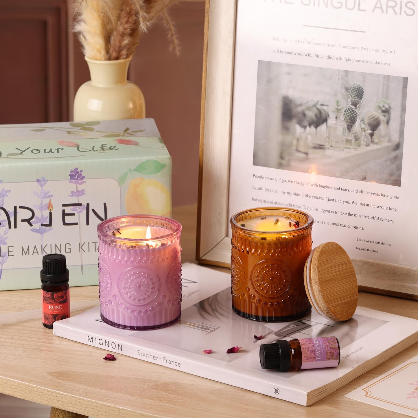 DARJEN Candle Making Kits for Adults- Soy Candle Making Supplies with 2 Candle Jars(Purple, Amber), Wax, Scents, Card & More, DIY Starter Candle Making Kit, Full Set DIY Arts & Crafts Gift