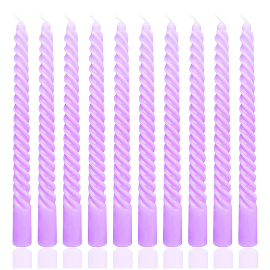 10 Inch Lavender Purple Spiral Taper Candle Set, 10 Pack Unscented Dripless Candlesticks for Dinner Party Wedding and Home Decoration