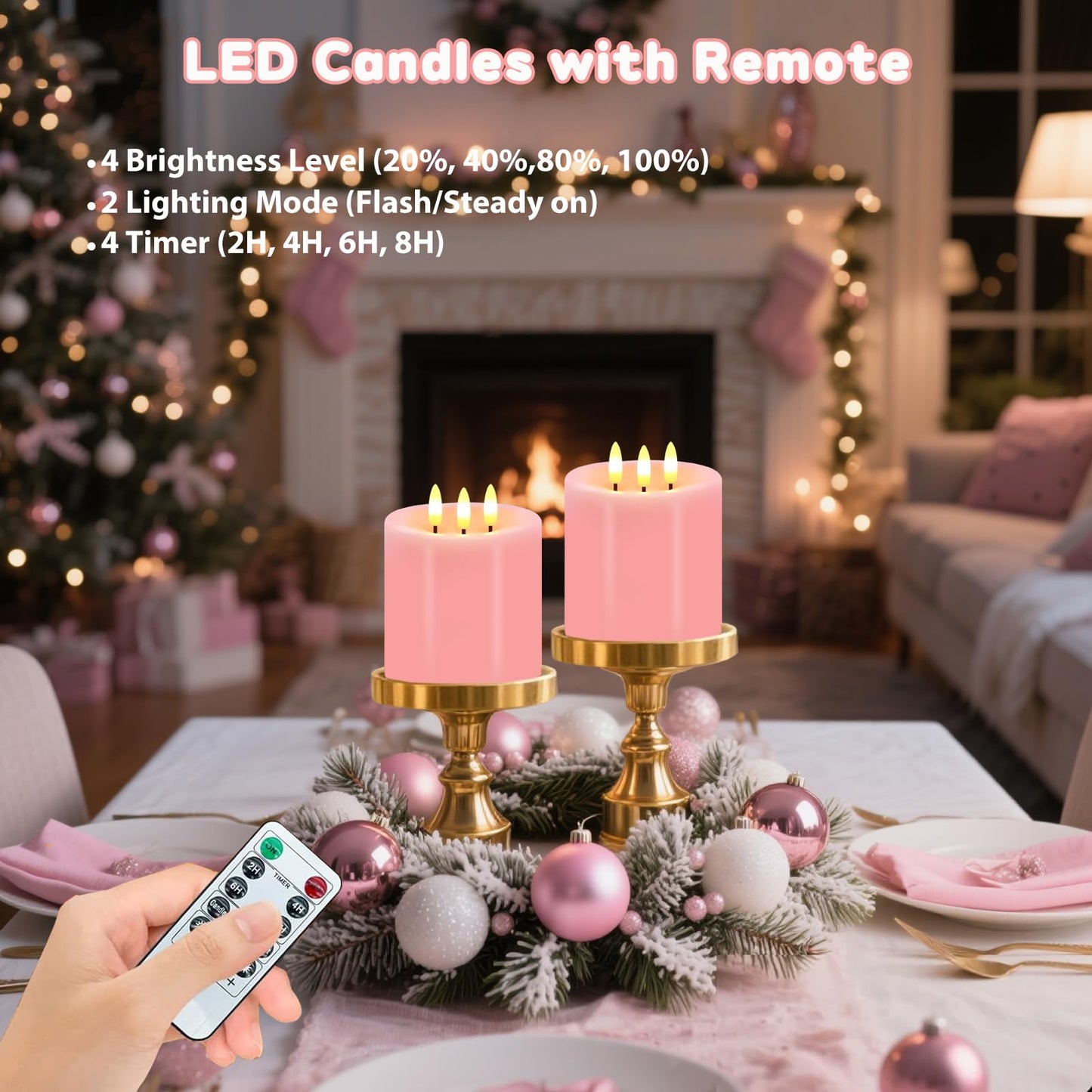 Large 3 Wick Flameless Candles Set of 2, 4"x4" Flickering Flameless Candles with Remote & Timer, Dimmable Real Wax LED Candles Battery Operated, Pink Pillar Candles for Wedding Valentine's Day Decor