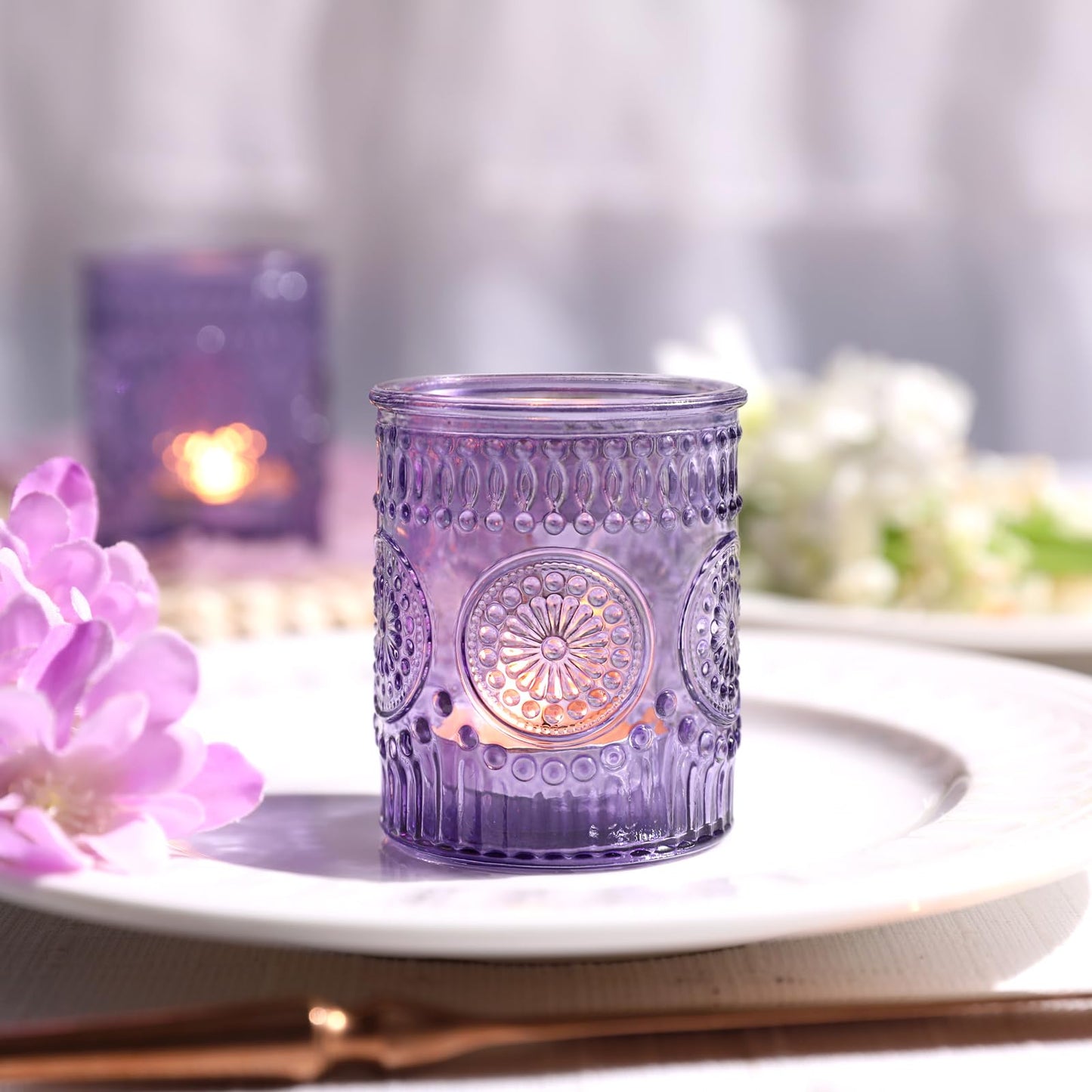 24pcs Purple Votive Candle Holders for Table Centerpieces, Glass Tea Lights Candle Holder for Bridal Shower, Baby Shower Decrations, Boho Tea Party Purple Decor, Gifts for Women