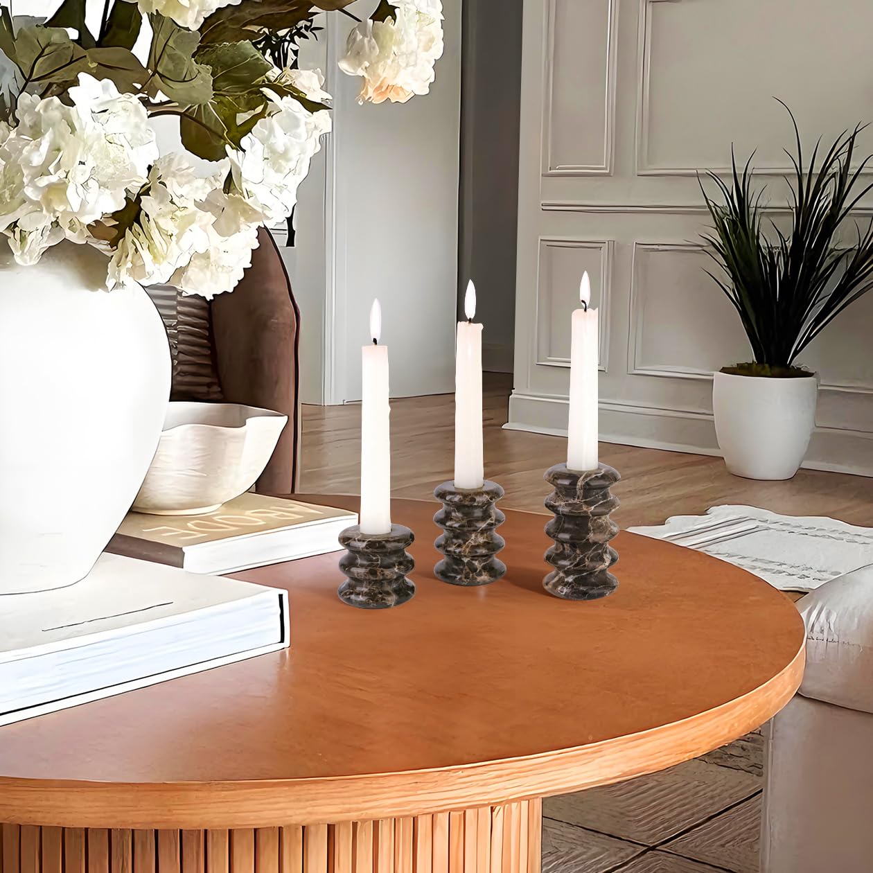 Vixdonos Marble Candle Holder Set of 3 Taper Candle Candlestick Mantle Candle Stand for Home Decor,Wedding,Party and Table Centerpieces(Brown)