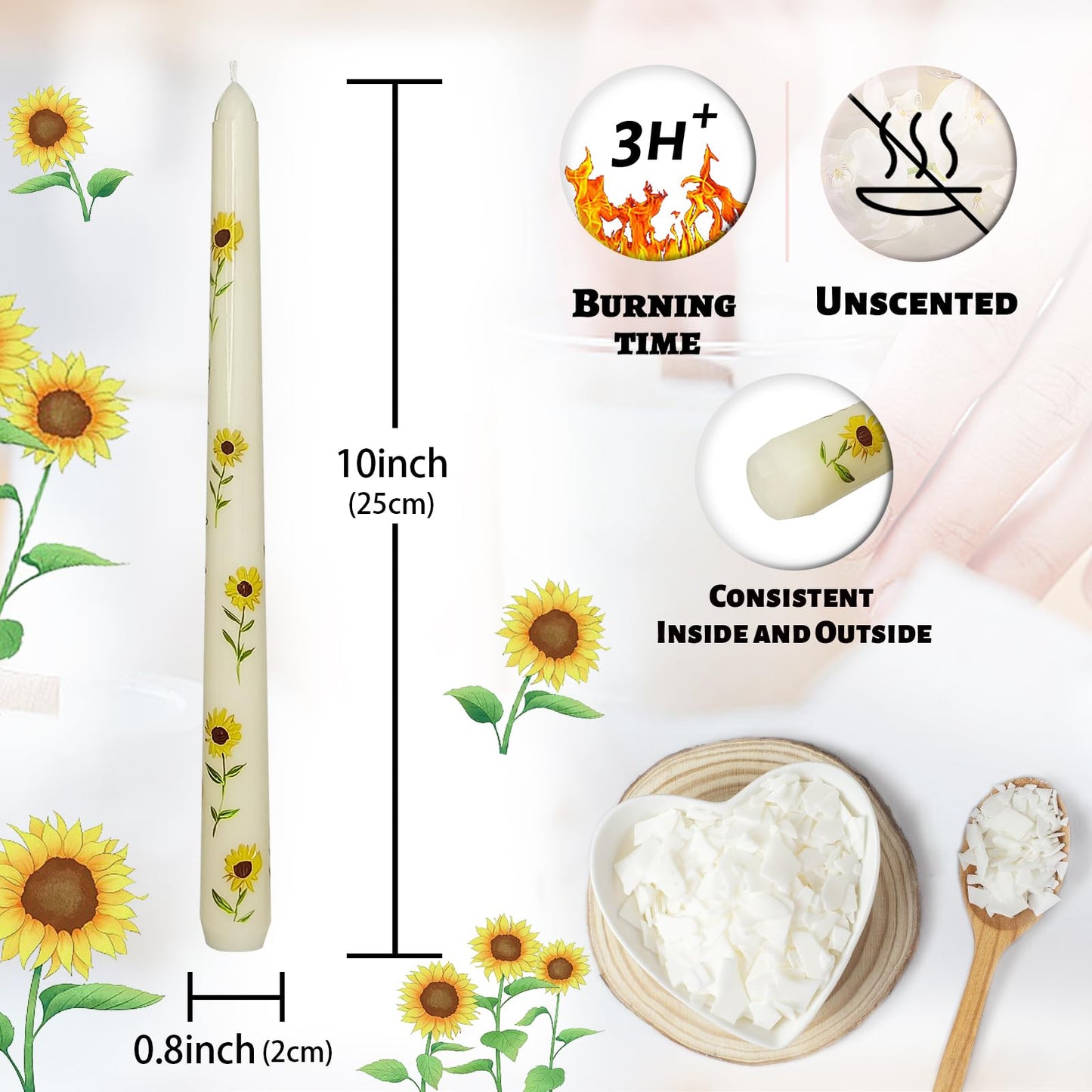Floral Taper Candles 10 Inch Tall Unscented Handmade Beige Sunflower Print Candles Long Burning Elegant Candlesticks for Wedding Dinner Home Decor