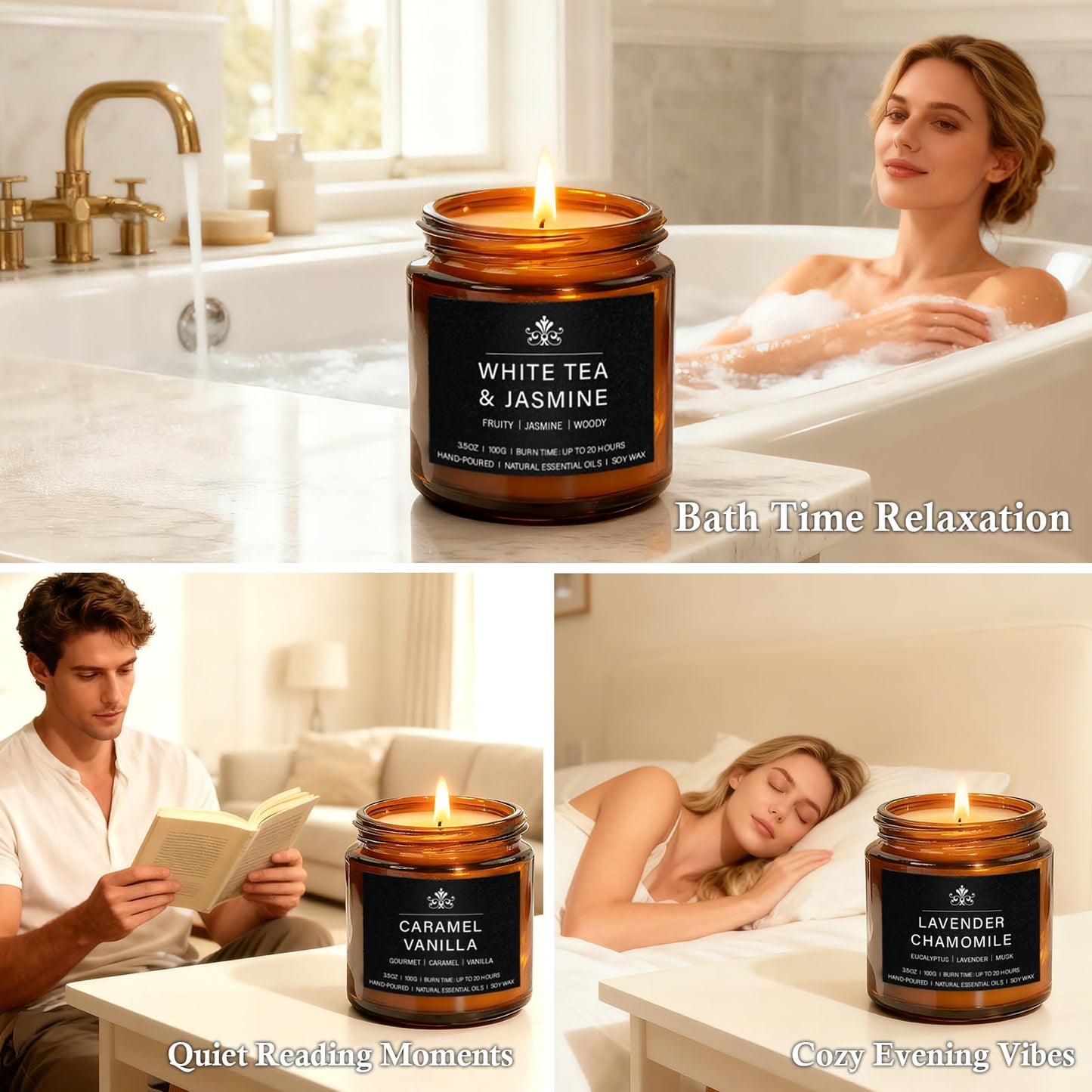8 Pack Soy Wax Scented Candles Gift Set, Aromatherapy Candles with Lavender Chamomile, Citrus Sage, Caramel Vanilla, Coffee Whiskey, Long Lasting Stress Relief Candle, Unisex Home & Gift Set for Men