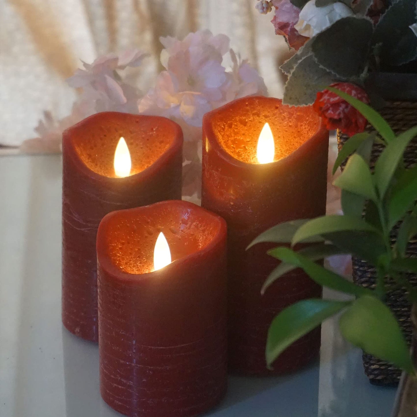 CANDLE CHOICE Battery Operated Flameless Candles with Timer Real Wax Realistic Flickering Electric LED Pillars Automatic Built-in Daily Cycle Timer 6-Hour on 18-Hour Off Set of 3 Rustic Texture Red