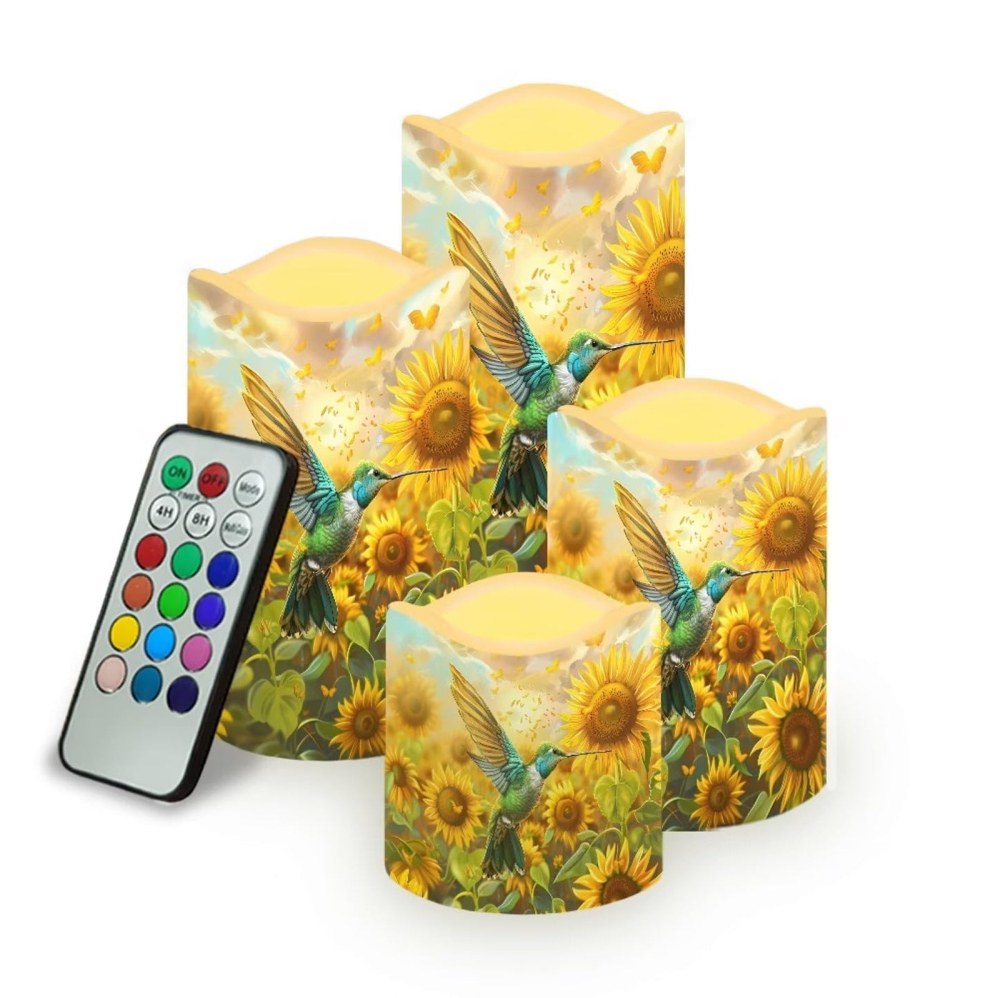 Ystardream Operated Candles with Flickering Flame Flameless Taper Candles Flickering Operated Electric Pillar Candle LED Candle for Indoor Outdoor Home Decor Hummingbird Sunflower