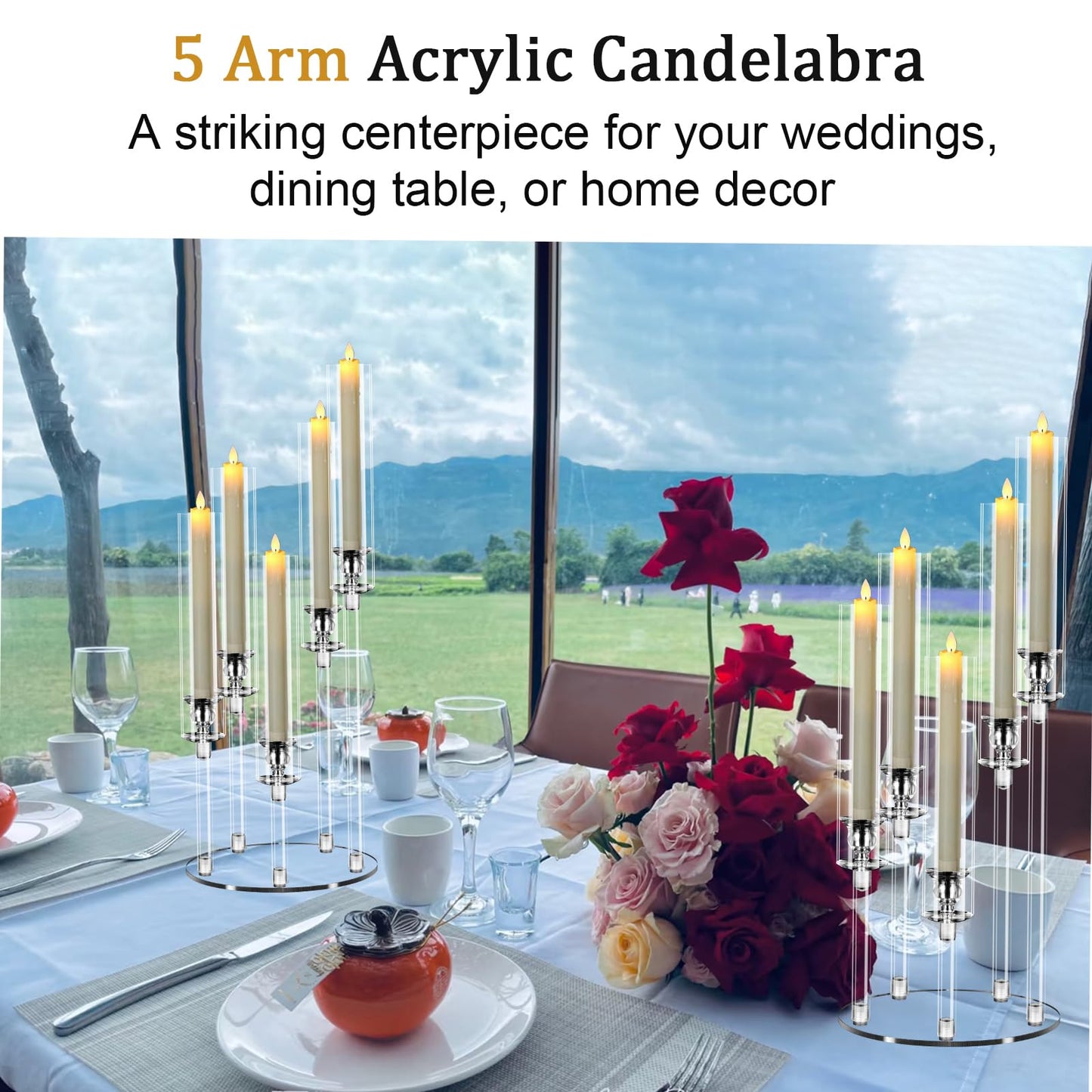 5 Arm Acrylic Candelabra Centerpieces for Tables,8 Sets Clear Candle Holder for Wedding,Home Decor,Table Decorations,22.8" Tall Candlestick Holders with Lampshade, Fits LED Candle