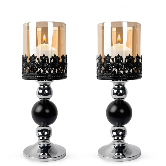HiSnug Hurricane Candle Holders Set - Luxury Pillar Candlestick Holder with Amber Glass Sleeve, Metal Vintage Decorative Candleholders for Dining Table Centerpiece Shelf Home Decor, 2PCS, S+S, Black