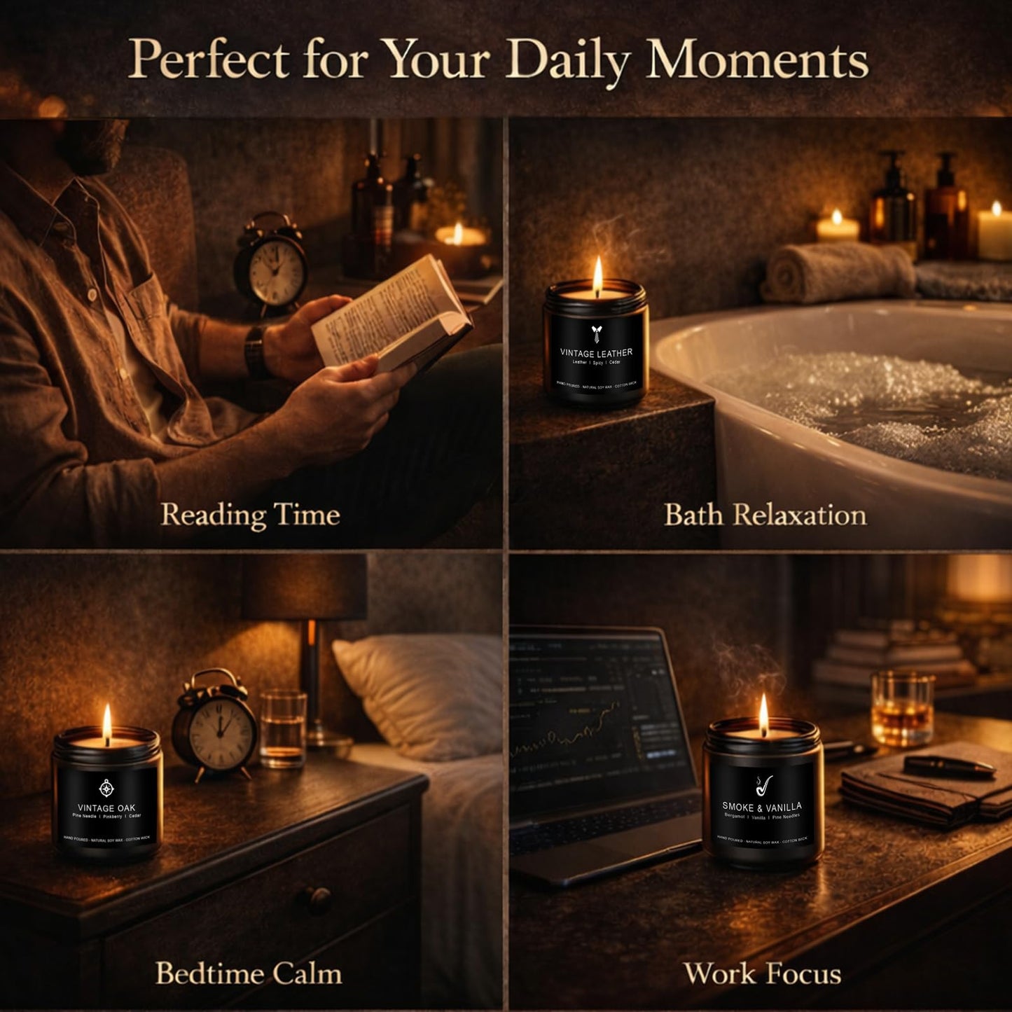 Candles for Men Gift Set, 4 Pack Masculine Scented Soy Candles for Men, Leather, Smoke, Oak & Lavender Scents, Aromatherapy Candle Gift Set for Dad, Husband, Boyfriend, Birthday & Father’s Day