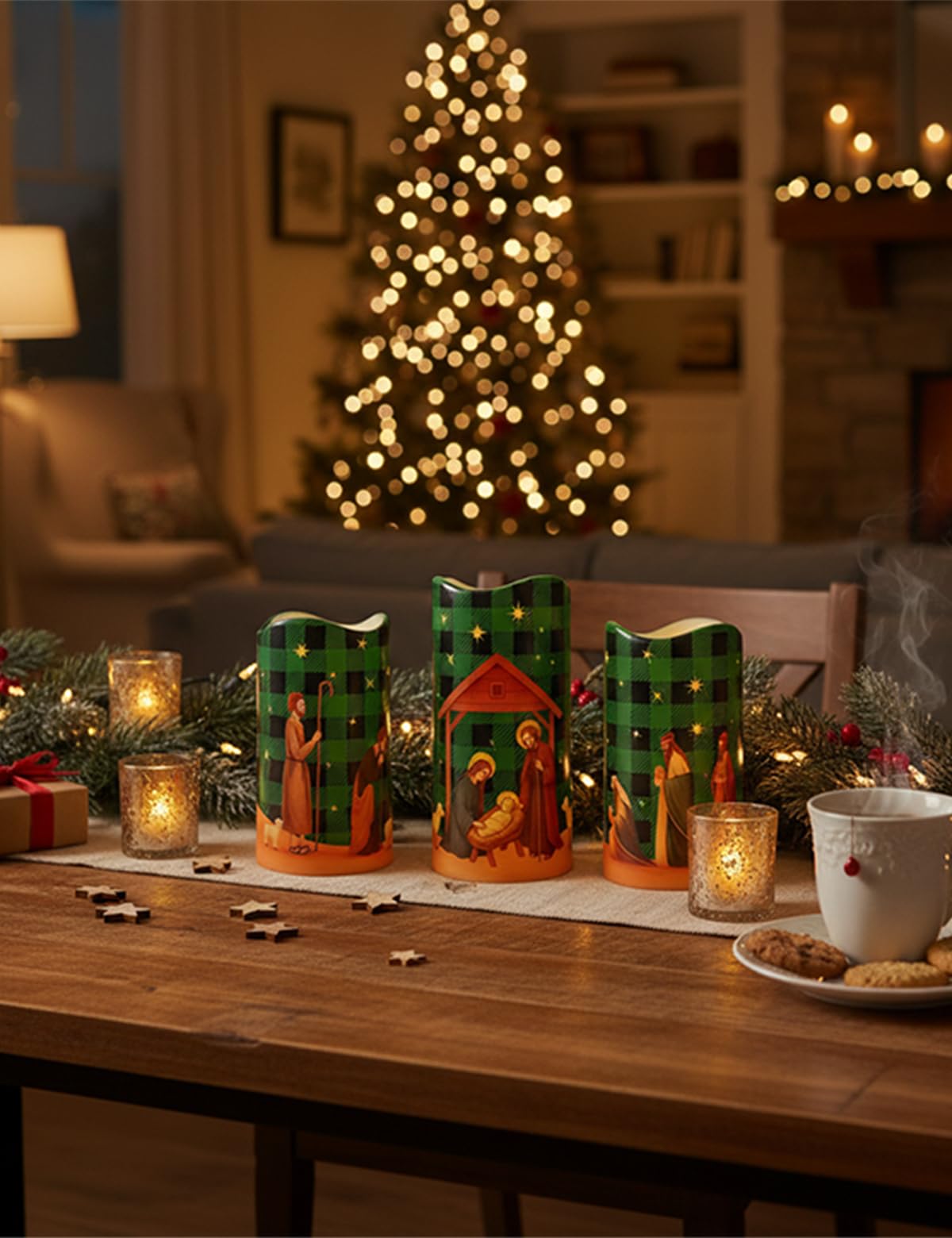 Glflickerow 3Pcs Christmas Green and Black Nativity Scene Flameless Candles LED Pillar Jesus Religion Candle Battery Operated with Timer for Xmas Christian Holiday Table Home Decor Church Party