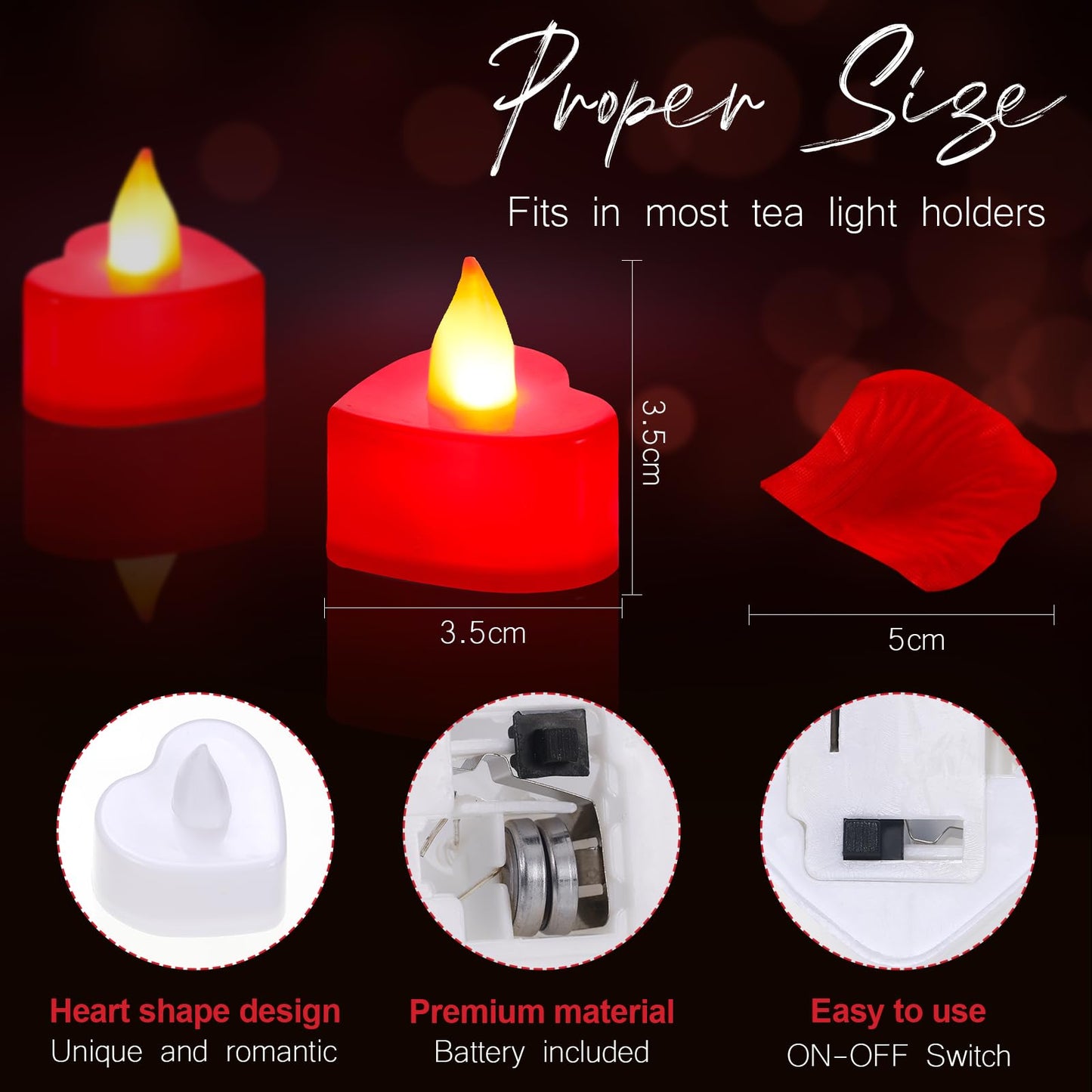 VIHOSE 4000 Pcs Artificial Rose Petals with 24 Pcs LED Tea Lights Candles Flameless LED Candles Fake Rose Petals for Wedding Birthday Party(Red Light, Red Petal)