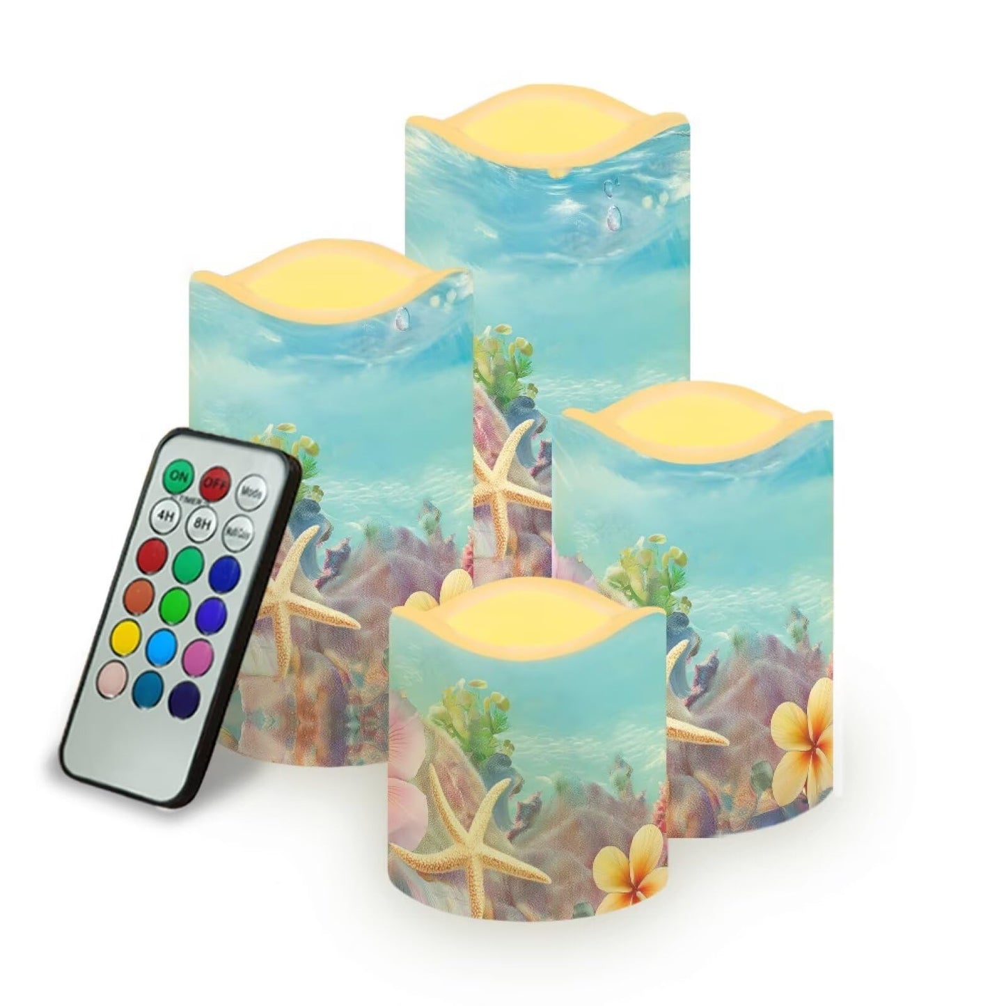 Cozeyat Coral Reef Flameless Candles Set of 4 Battery Powered with Remote Timer LED Candles Flickering Waterproof for Indoor Home Table Garden Beach