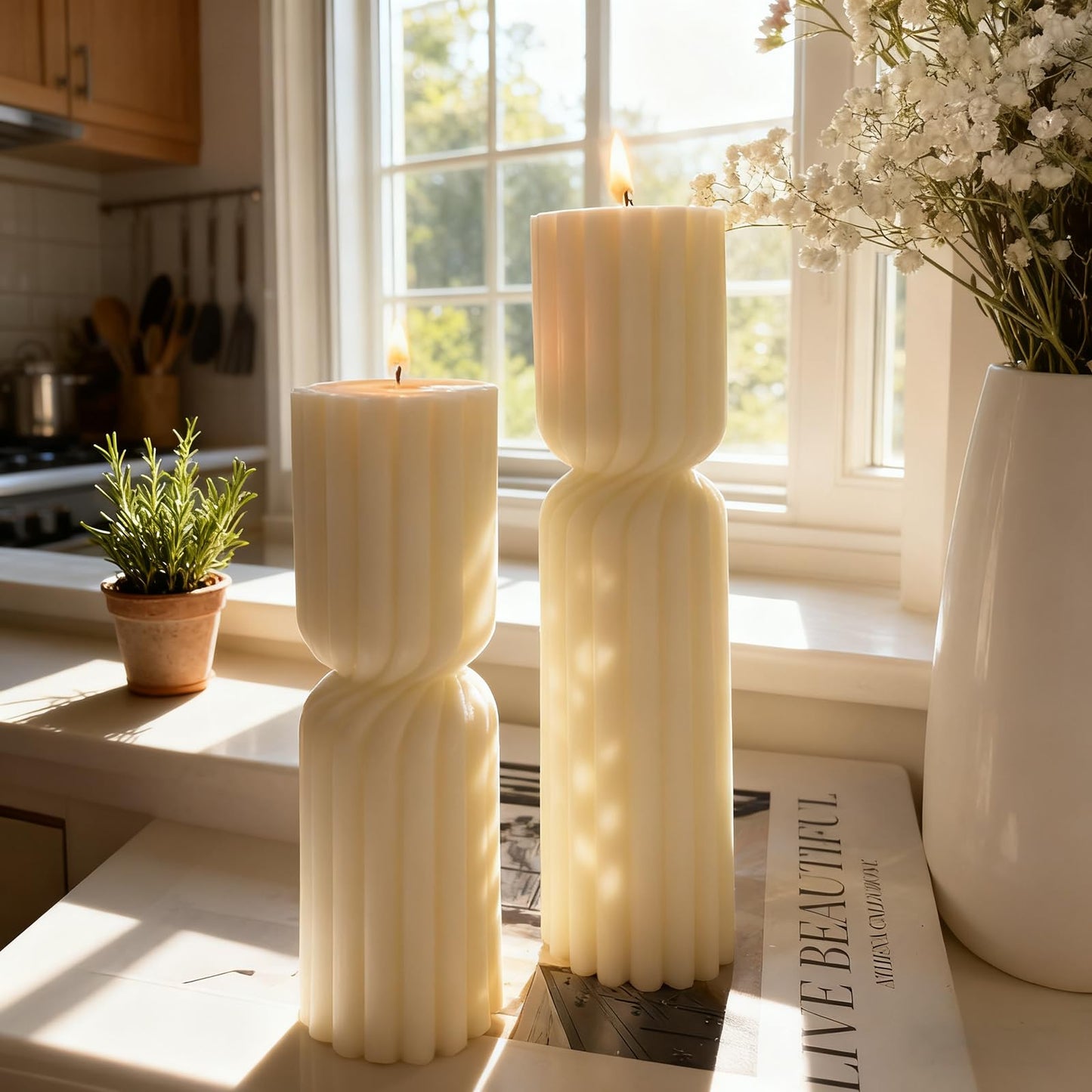 Set of 2 Ribbed Pillar Candles Handmade Soy Wax Scented Ribbed Candles,Hourglass Pillar Candle,Wax Elegant Bubble Natural Aesthetic Candle Housewarming Gift Home Room Shelf Decor Idea(White)