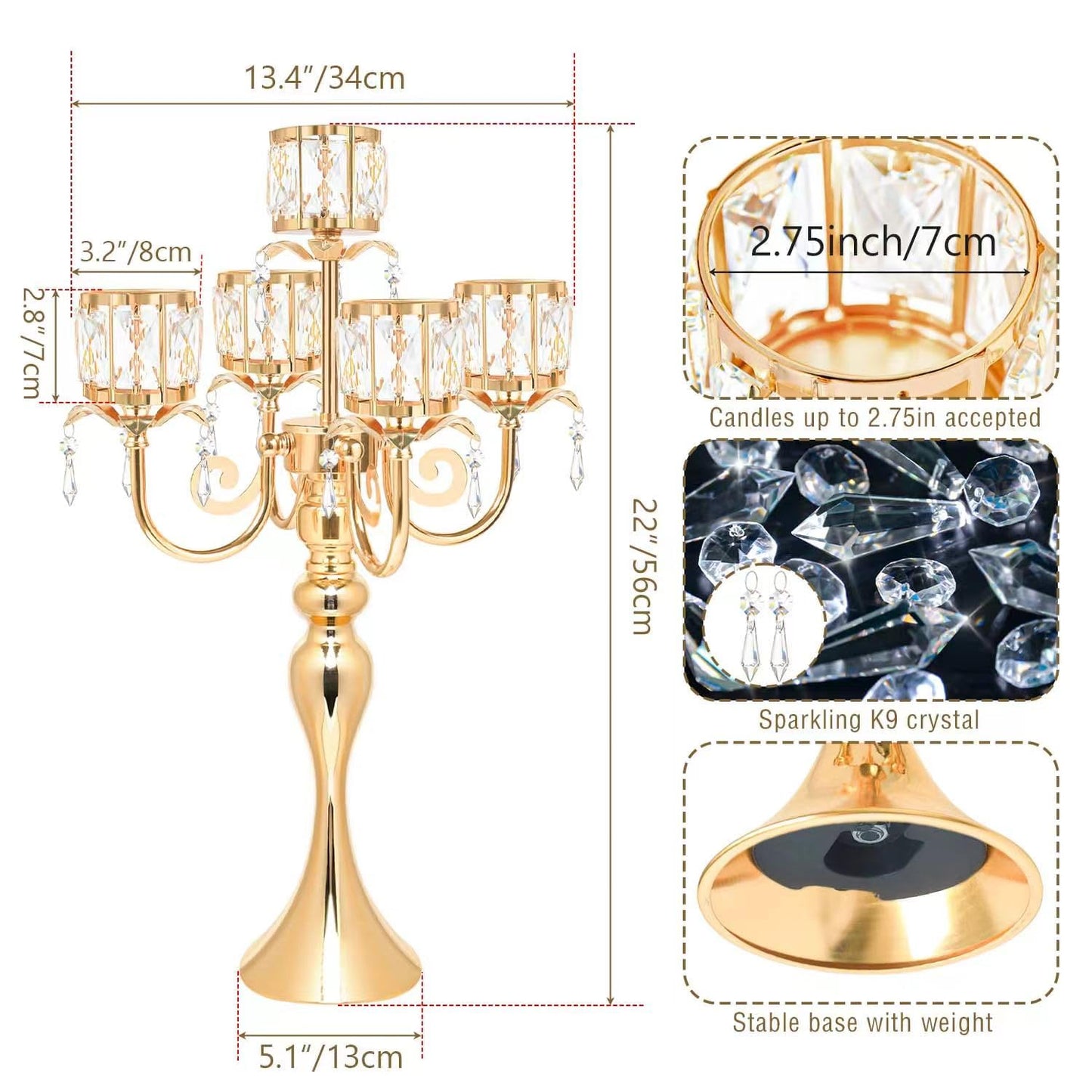 2 Pcs Kehail Gold 5 Arm Pendant Square Crystal Table Decor 22 inch Candle Holder, Classic and Elegant Table Centerpiece Atmosphere Candle Holders for Gift Wedding Party Home Decor