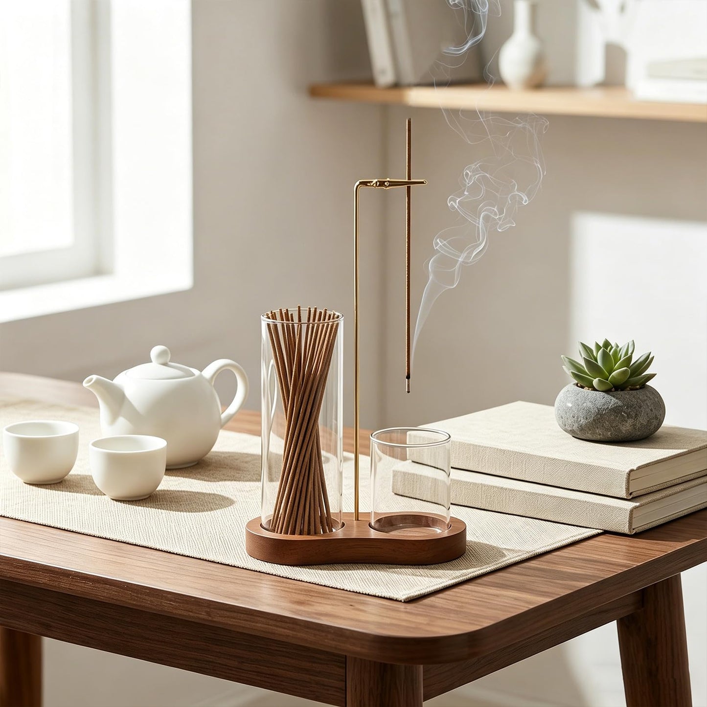 E-DAYS 2-in-1 Hanging Incense Holder, Upside Down Incense Burner with Glass Ash Catcher & Storage Compartments– Modern Wooden Home Decor, Easy to Clean