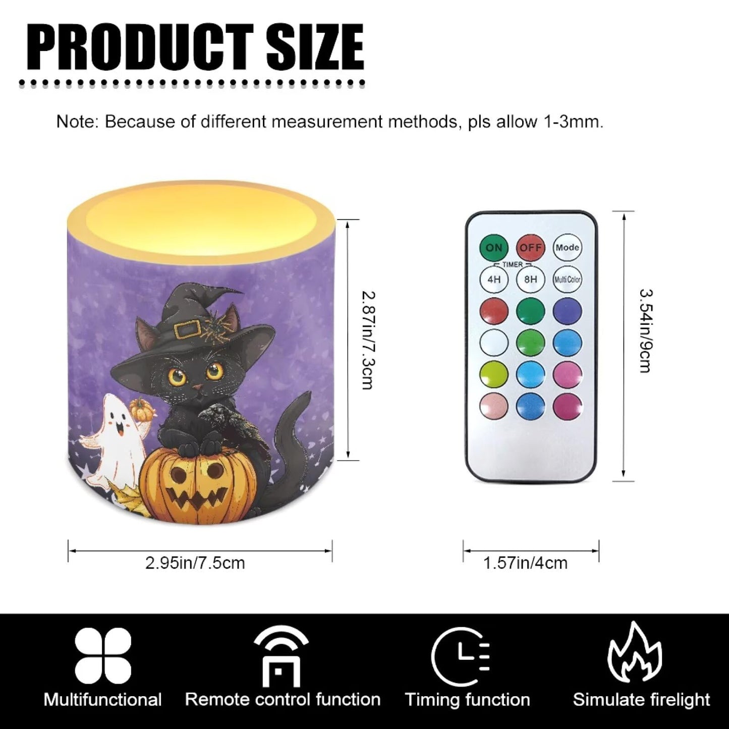 Merkmak Halloween Day Flameless Candles with 18-Key Remote Battery Operated Candles with Timer, Ghost Black Cat Pumpkin Print Flickering LED Elictric Pillar Tealights for Party Banquet
