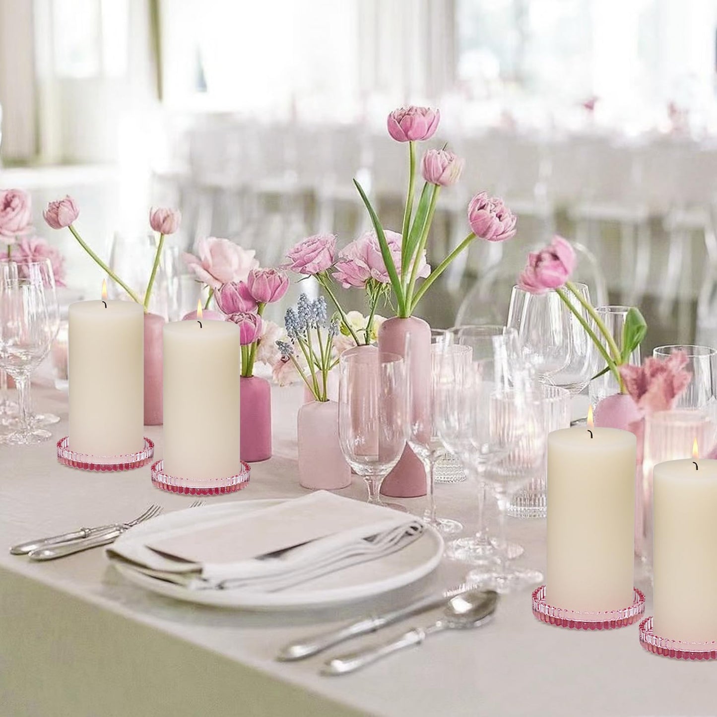 CHOCSTAY Glass Pillar Candle Holder, 4" Pink Candle Plates Set of 3, Glass Candle Holders for Wedding, Party, Holiday, Home Decor, Table Centerpiece