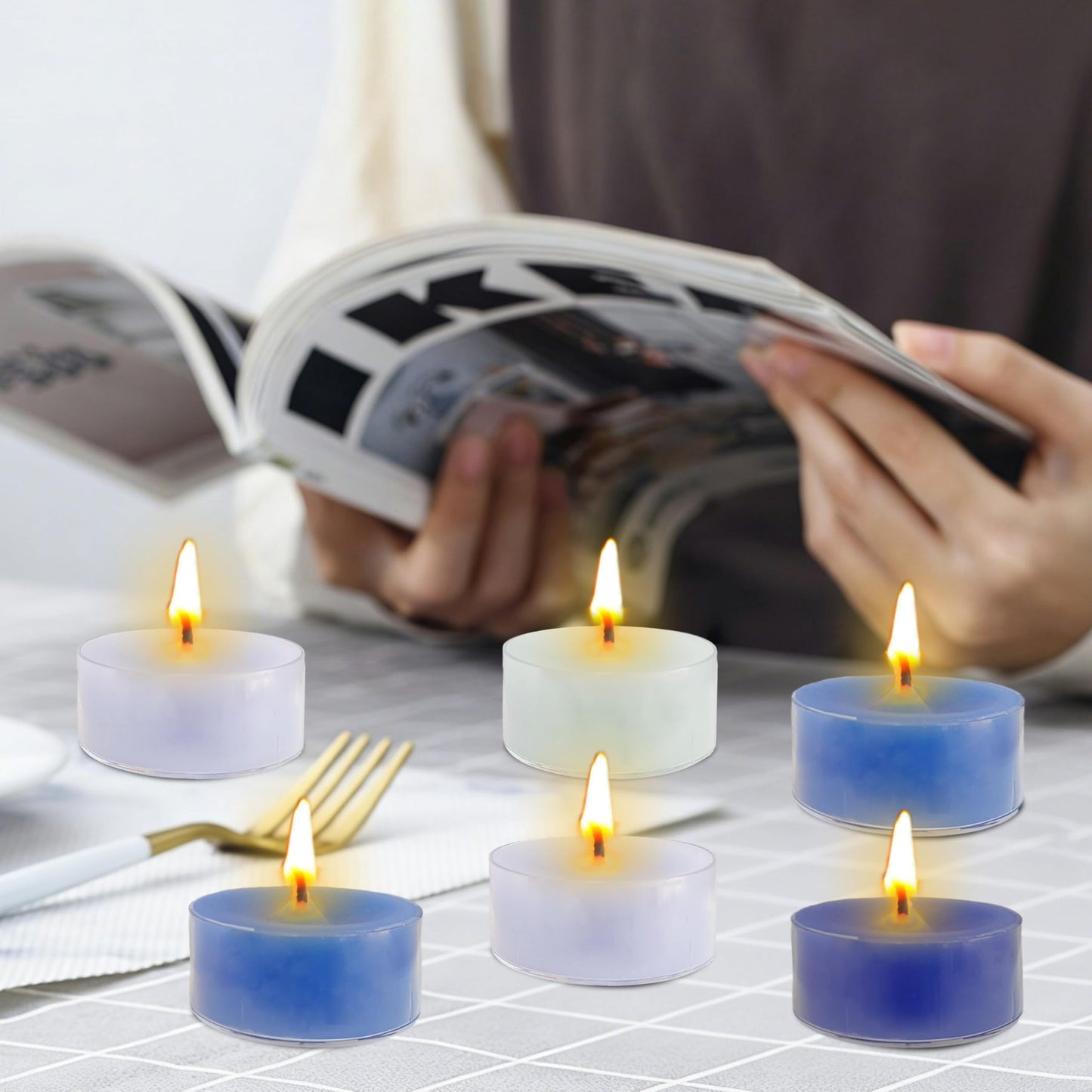 Sea Salt Scented Tea Light Candles 12 Pack Gradient Blue Hand Poured Smokeless 4 Hours Clean Burning Small Round Clear Cup Tealight Candles for Nautical Dinner Wedding Spa Yoga Meditation Cozy Evening