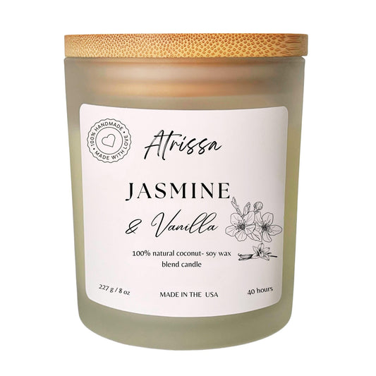 ATRISSA Jasmine Vanilla Soy Candle 8oz – Floral and Sweet Fragrance, Hand-Poured in USA