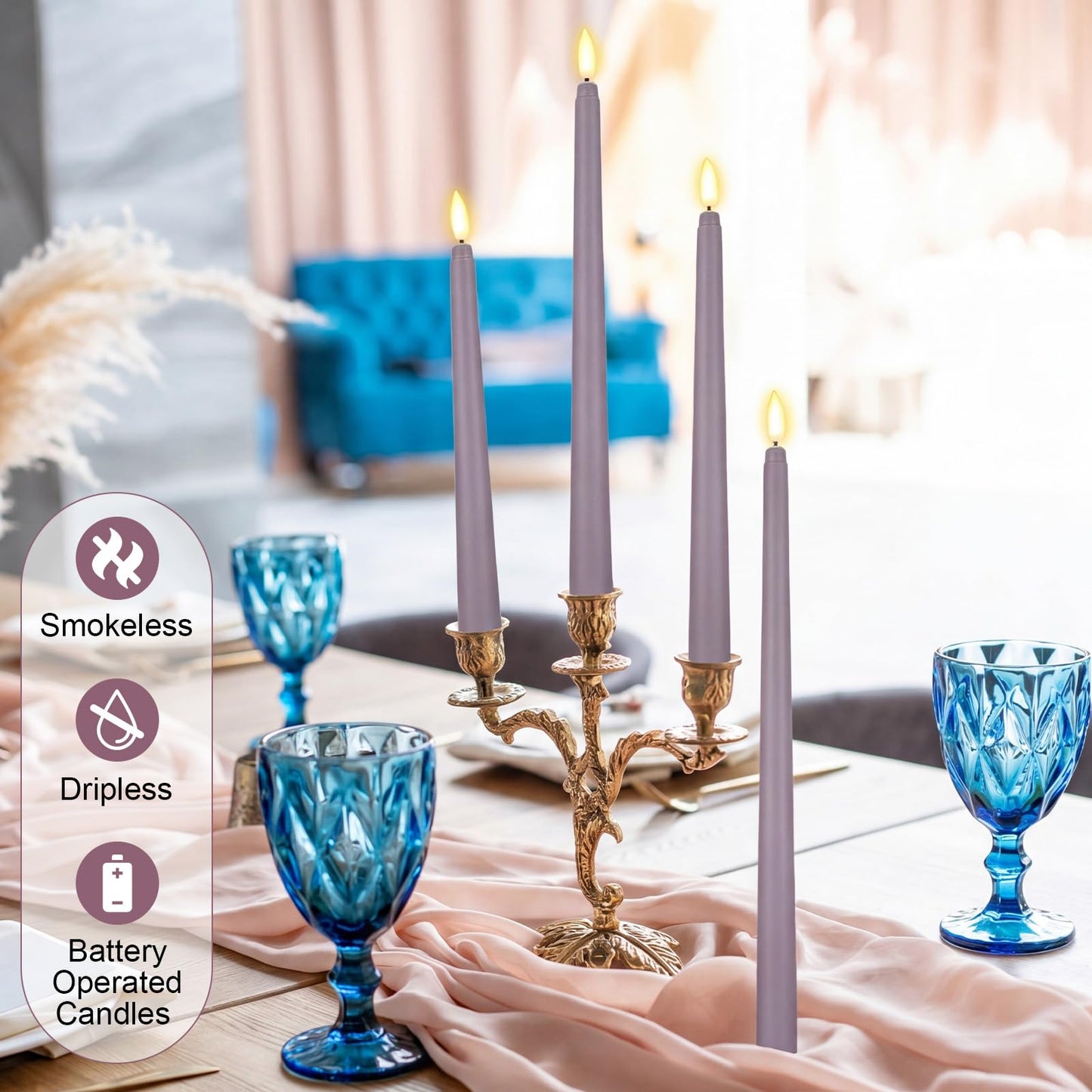 Rossesay 24 Pcs Flameless LED Taper Candles Battery Operated Candle 8.5", 9.65", 10.8", 12.8" Flameless Candlesticks Flickering for Christmas Church Wedding Indoor Decoration(Classic, Purple)