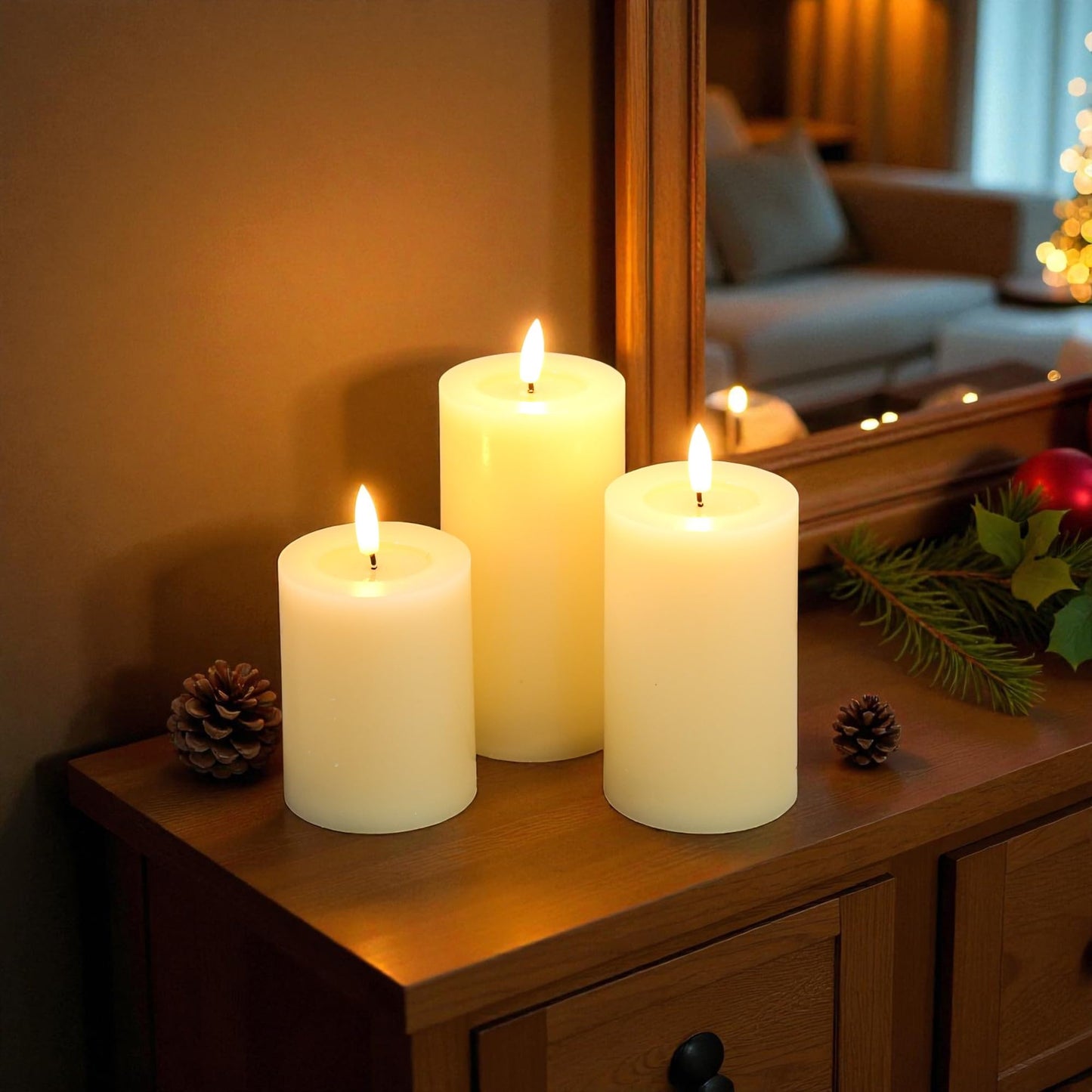 JHY DESIGN Flickering Flameless Candles Battery Operated with 10-Key Remote & 2/4/6/8-Hour Timer, Real Wax Pillar Grease Effect LED Candles Set for Chrismas/Home Decorations(Ivory)