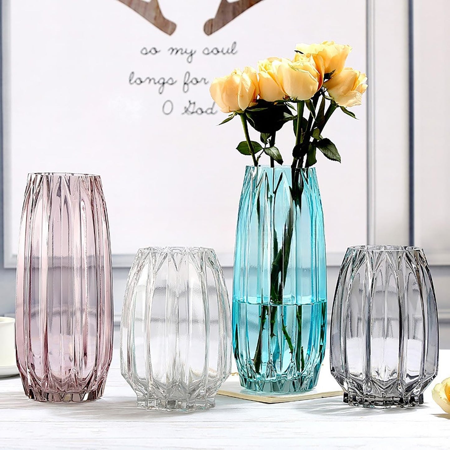 Lucky Bird Purple Pink Ribbed Glass Vase for Flowers and Candles - Modern Centerpiece (H12.0 inch)