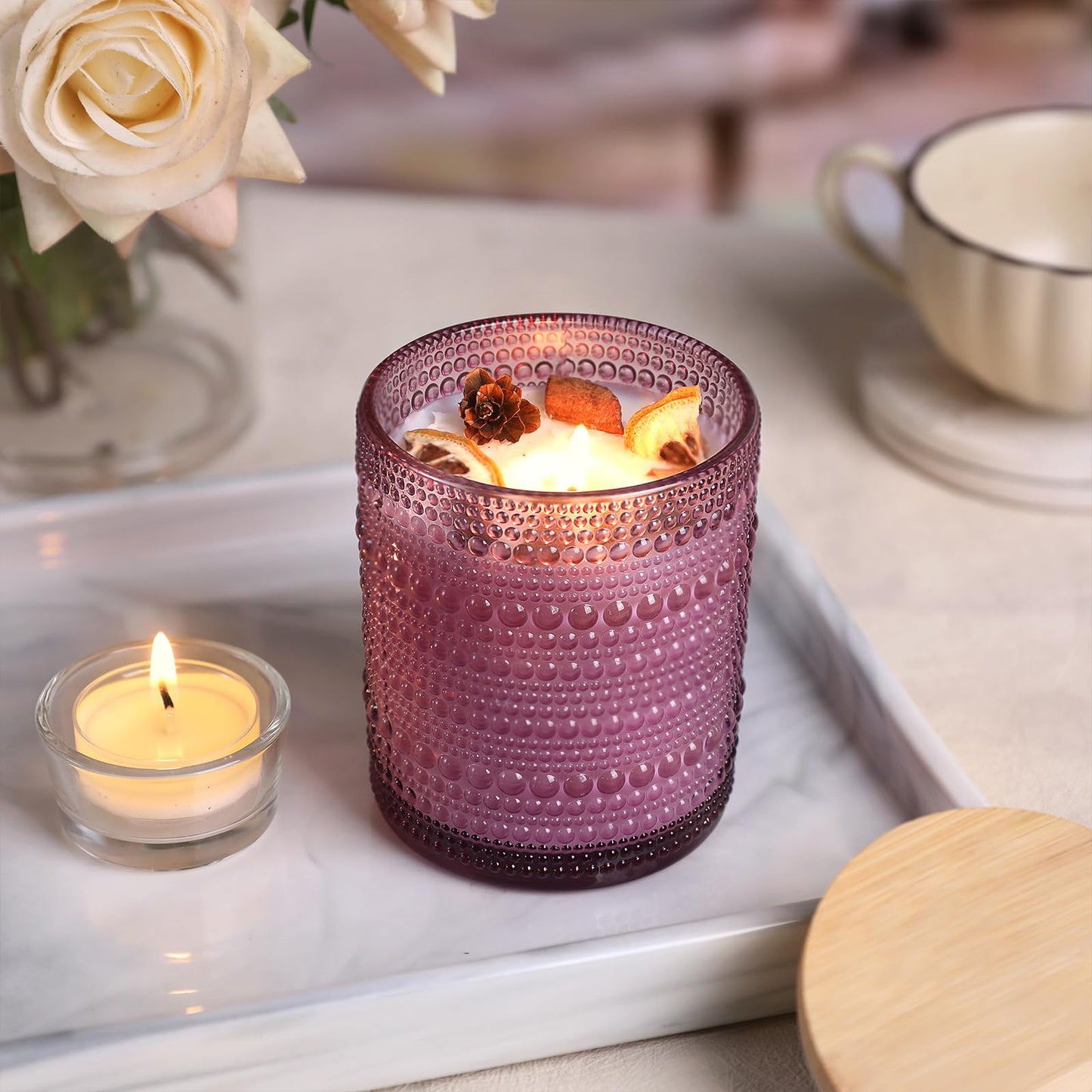 DARJEN 12 Pack Purple Candle Jars - 8 OZ Empty Glass Containers With Bamboo Lids and Labels for Making Candles, DIY Home Supplies