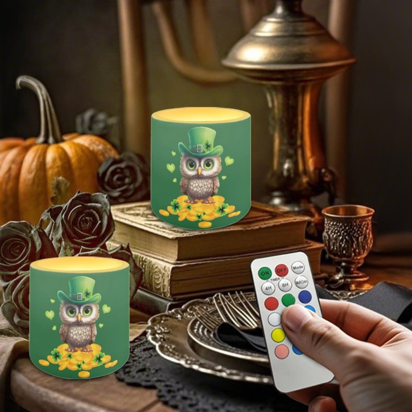 Merkmak 4 Pack Flickering Flameless Candles with Timer and Remote Battery Operated LED Candles St Paddy's Day Tea Lights for Party, Banquet, Home Decoration, Owl Gold Shamrocks Print