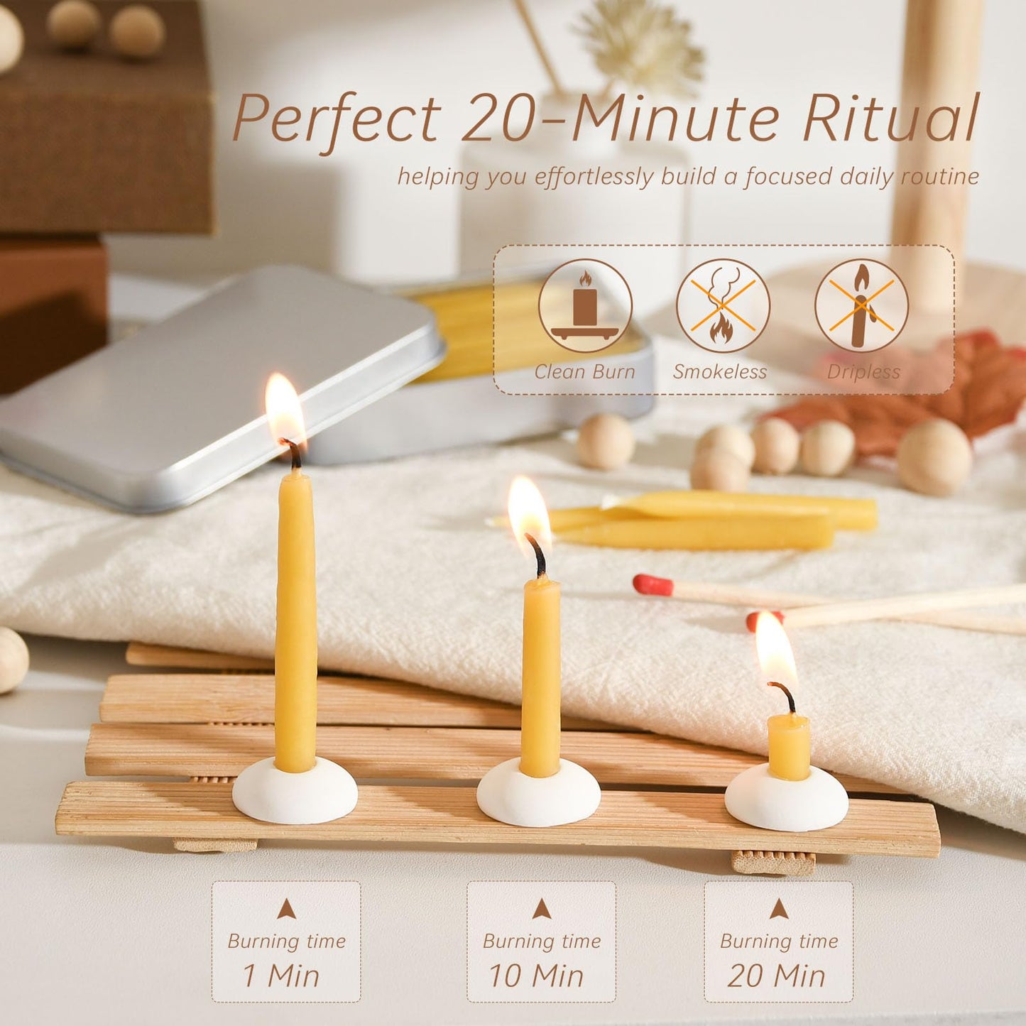 20 Minute 100% Pure Beeswax Candles, Mini Mindful Meditation Taper Candles, Smokeless & Dripless with Holder for Yoga, Prayer, Relaxation (Yellow,24 Pack)